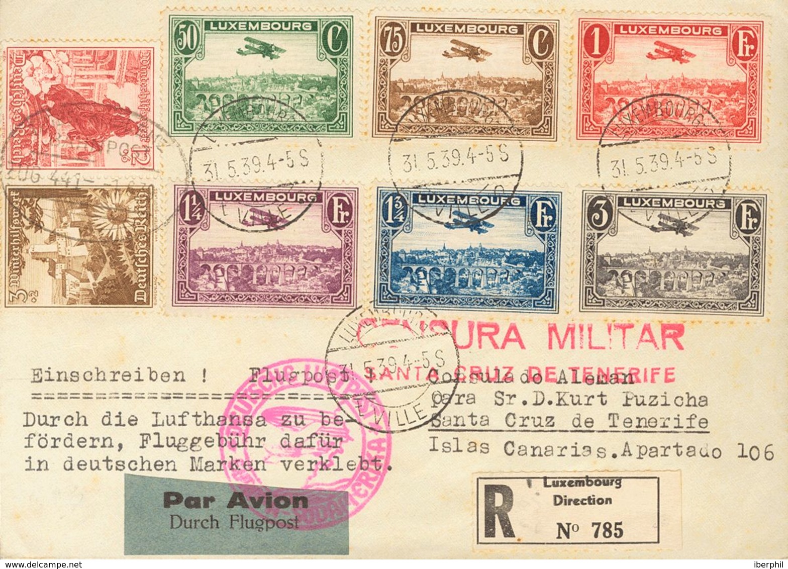 Luxembourg, Airmail. COVER1/6. 1939. Complete Set And Germany Stamps Of 3 P + 2 P And 12 P + 6 P (toned). Registered Fro - Autres & Non Classés