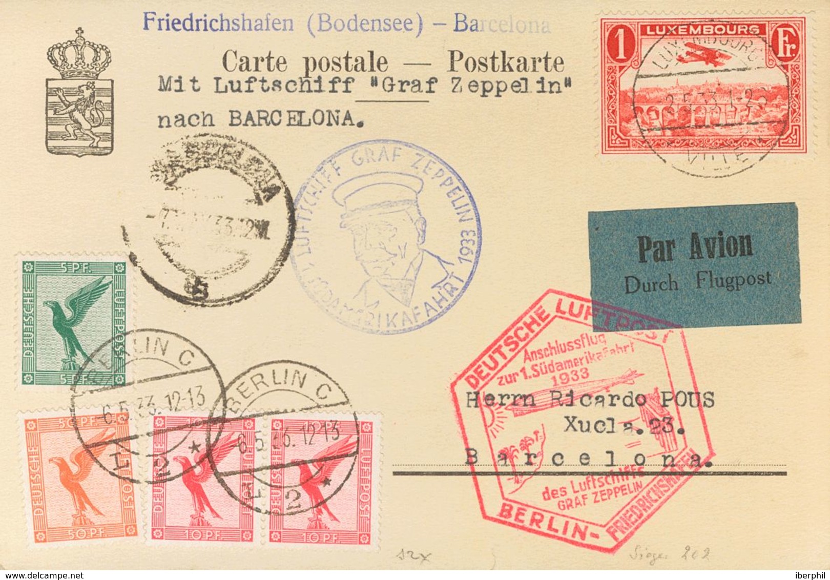 Luxembourg, Airmail. COVER3. 1933. 1 F Red And German Airmail Stamps Of 5 P, 10 P, Two Stamps And 50 P. Postcard By Graf - Otros & Sin Clasificación