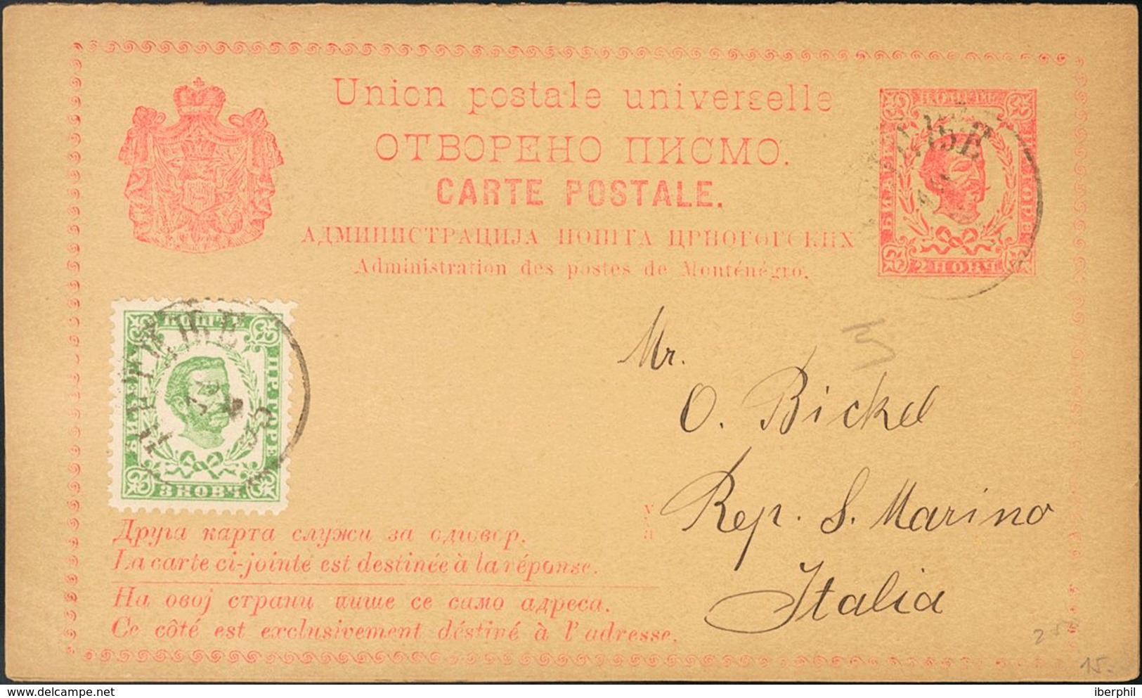 Montenegro, Postal Stationery. COVERYv 9. 1895. 2 N Pink On A Round Trip Postal Stationery Card From CETTIGNE To SAN MAR - Sonstige & Ohne Zuordnung