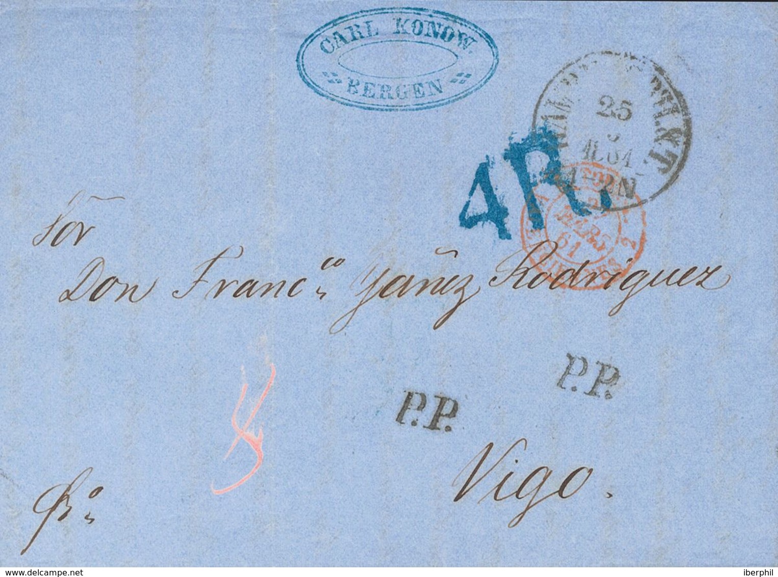 Norway. COVER. 1861. BERGEN To VIGO (SPAIN), Addresed Via France. Spanish Rate "4 R" (reales), In Blue. VERY FINE AND UN - Otros & Sin Clasificación