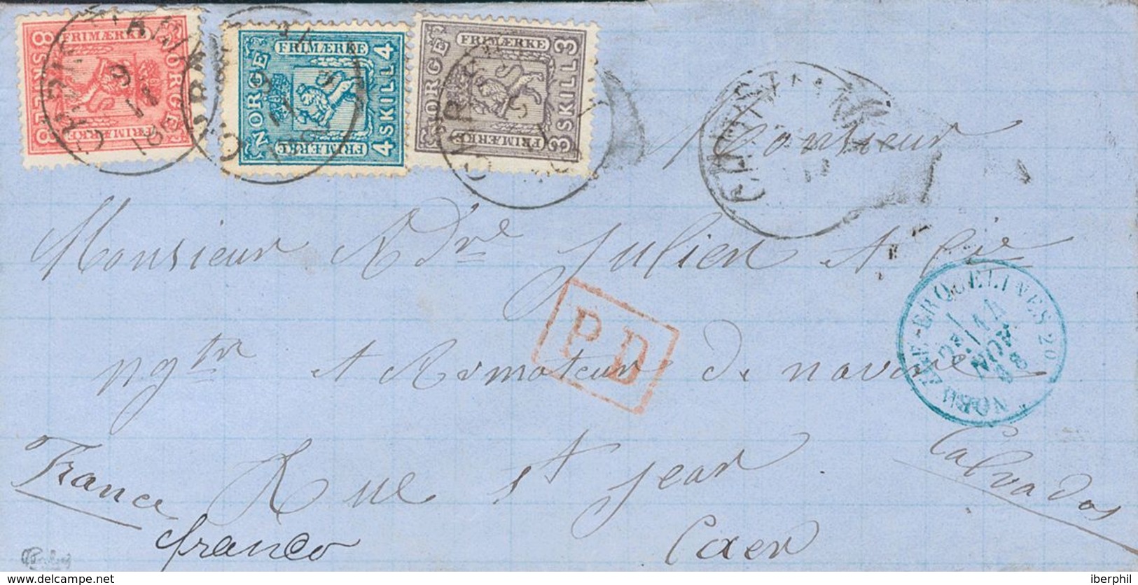 Norway. COVERYv 13, 14, 15. 1868. 3 Violet Sk, 4 Blue Sk And 8 Pink Sk. CHRISTIANIA To CAEN (FRANCE). On The Front Postm - Other & Unclassified