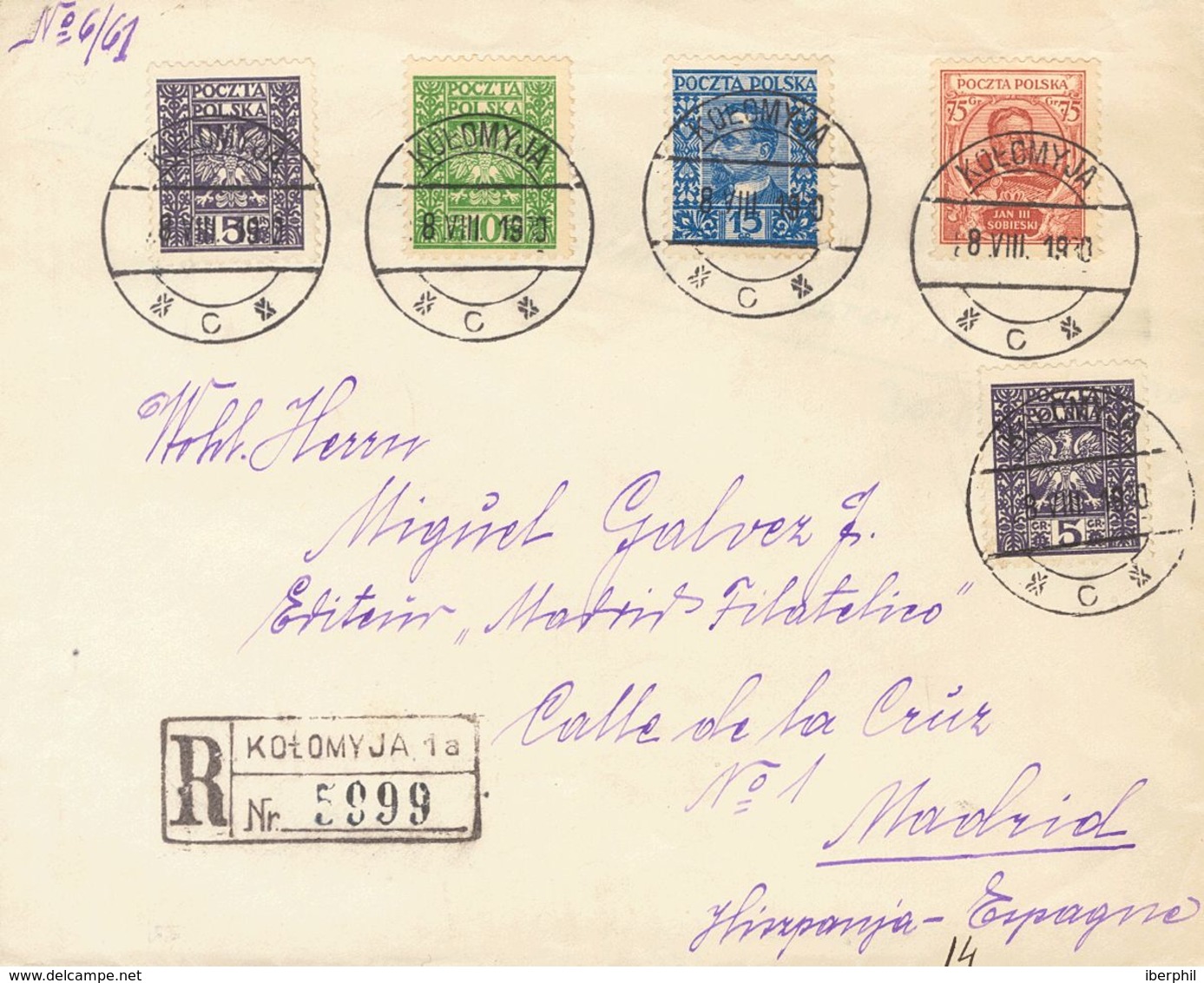 Poland. COVERYv 356(2), 357, 345, 350. 1919. 5 G Violet, Two Stamps, 10 G Green, 15 G Ultramarine And 75 G Pink Carmine. - Otros & Sin Clasificación