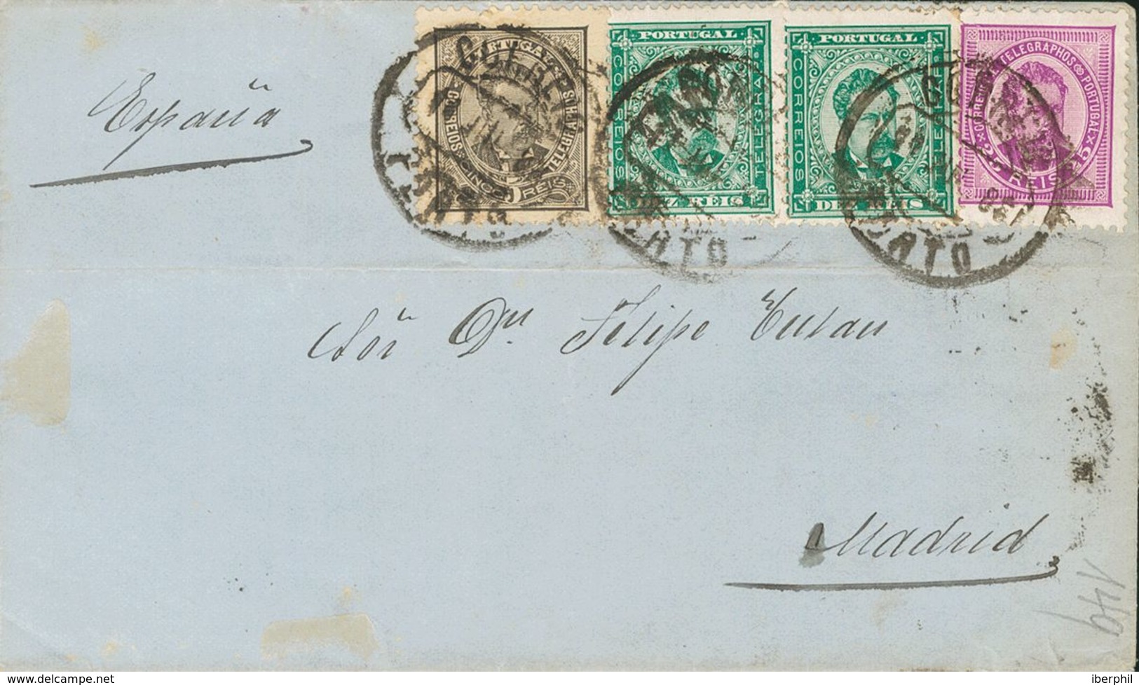 Portugal. COVERYv 56, 57(2), 60. 1886. 5 Reis Gray Black, 10 Reis Green , Two Stamps And 25 Reis Pink Lilac. PORTO To MA - Autres & Non Classés