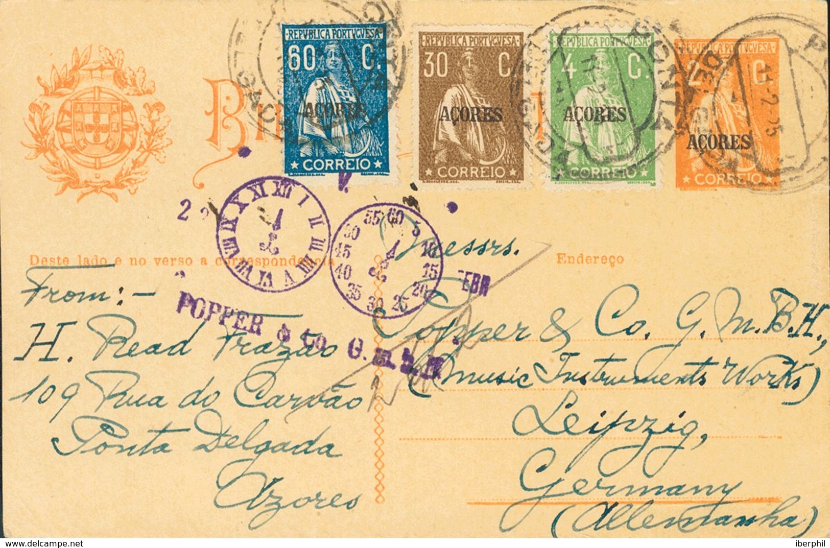 Azores, Postal Stationery. COVERYv 164, 183, 187. 1925. 2 Cts Orange On Postal Stationey Card From PONTA DELGADA To LEIP - Sonstige & Ohne Zuordnung