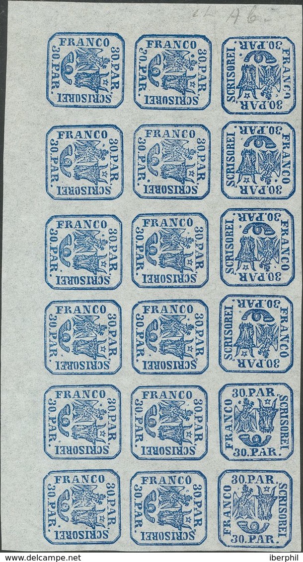 Romania. (*)Yv 10Aa(18). 1862. 30 P Blue On Bluish, Block Of Eighteen, Corner Of Sheet. It Contains A TETE-BECHE Pair An - Sonstige & Ohne Zuordnung