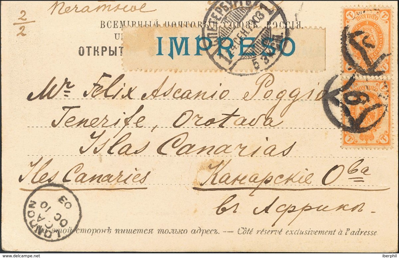 Russia. COVERYv 38(2). 1903. 1 K Orange, Two Stamps. Postcard From SAINT PETERSBURG To LA OROTAVA (CANARY ISLANDS), Addr - Other & Unclassified