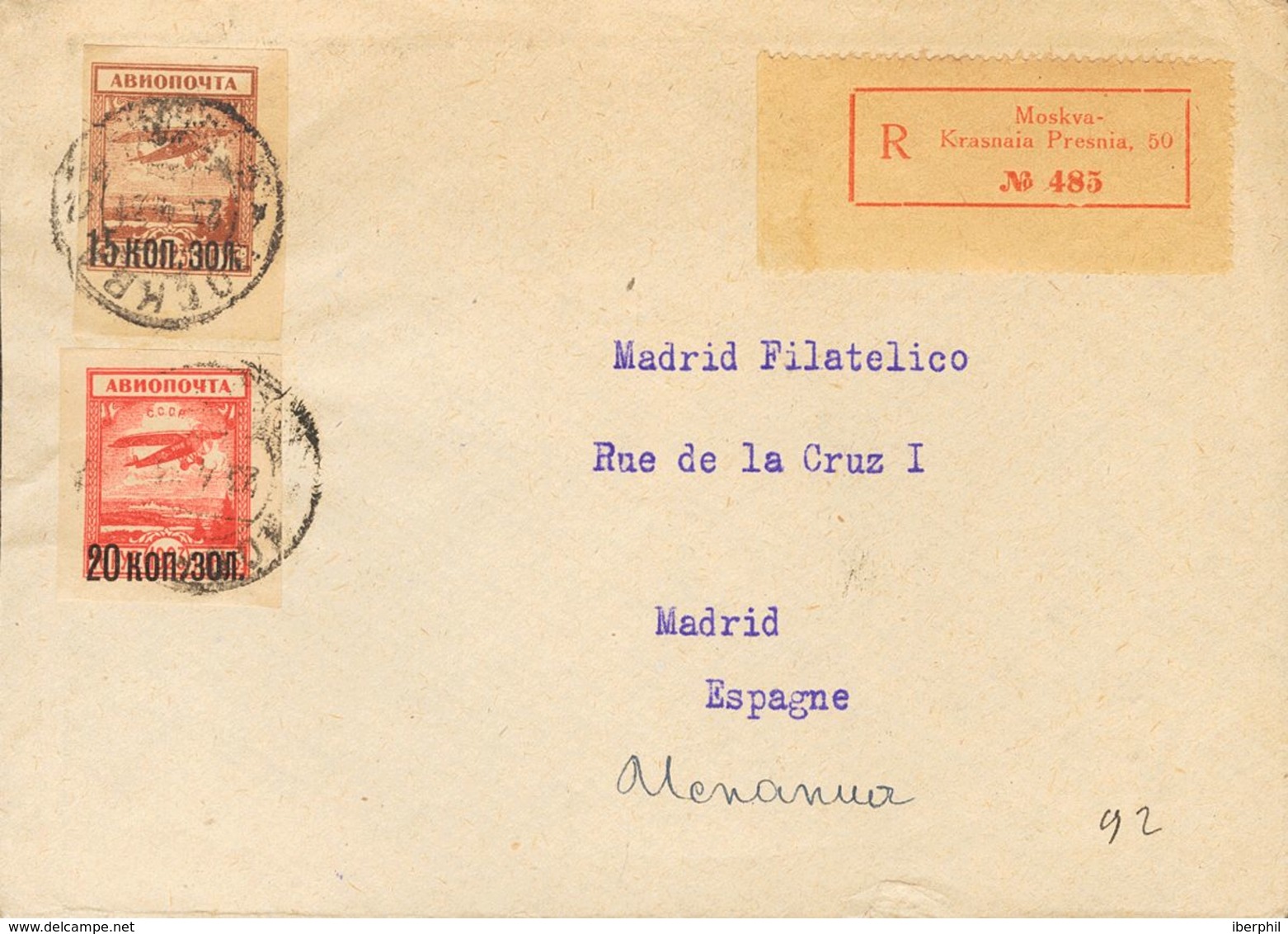 Russia, Airmail. COVERYv 16, 17. 1931. 15 K On 1 R Chestnut And 20 K On 10 R Red. Registered From MOSCU To MADRID. On Re - Autres & Non Classés