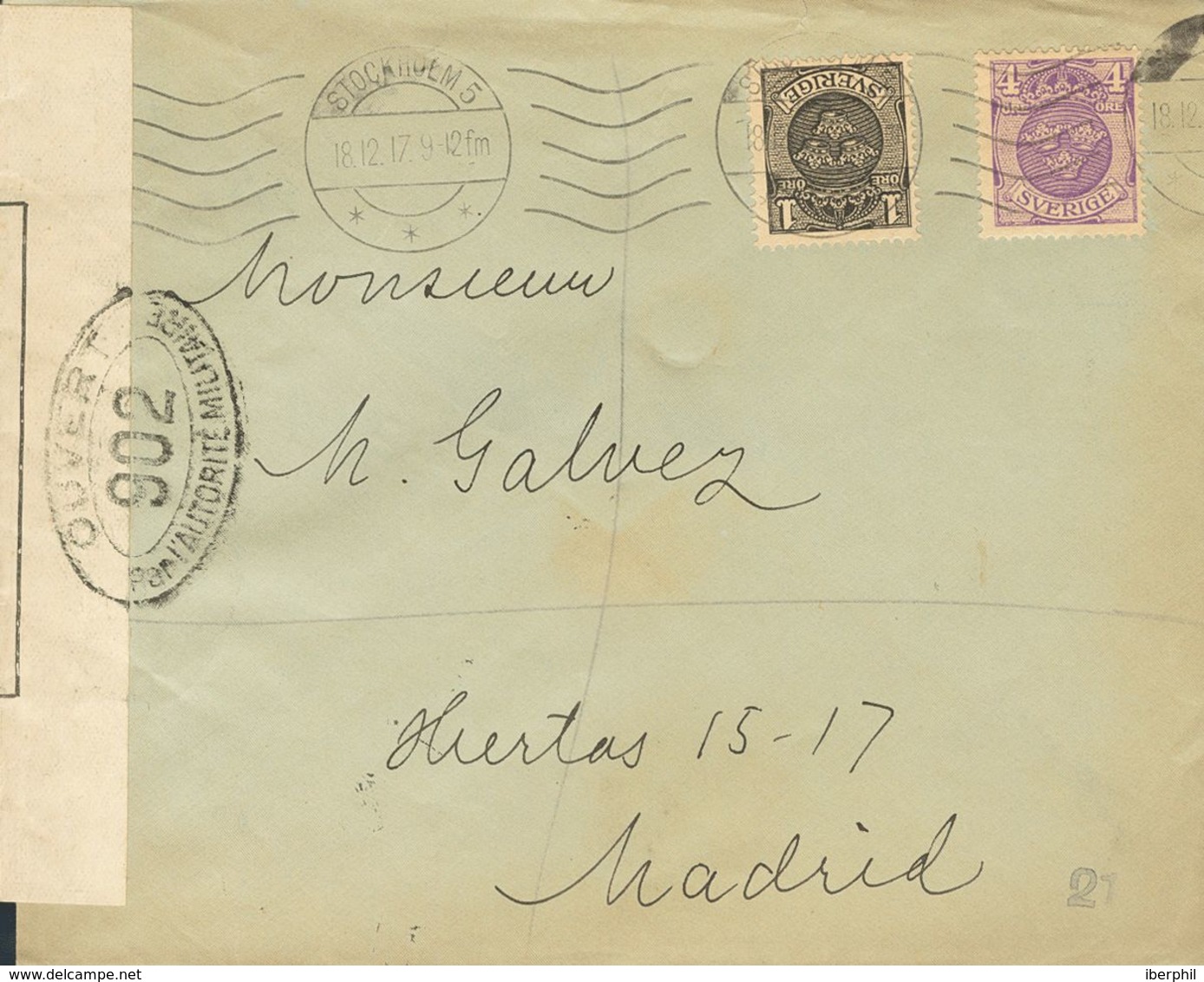 Sweden. COVERYv 55, 57. 1917. 1 Ore Black And 1 Ore Violet. STOCKHOLM To MADRID. On Reverse Arrival. VERY FINE. -- Sueci - Other & Unclassified