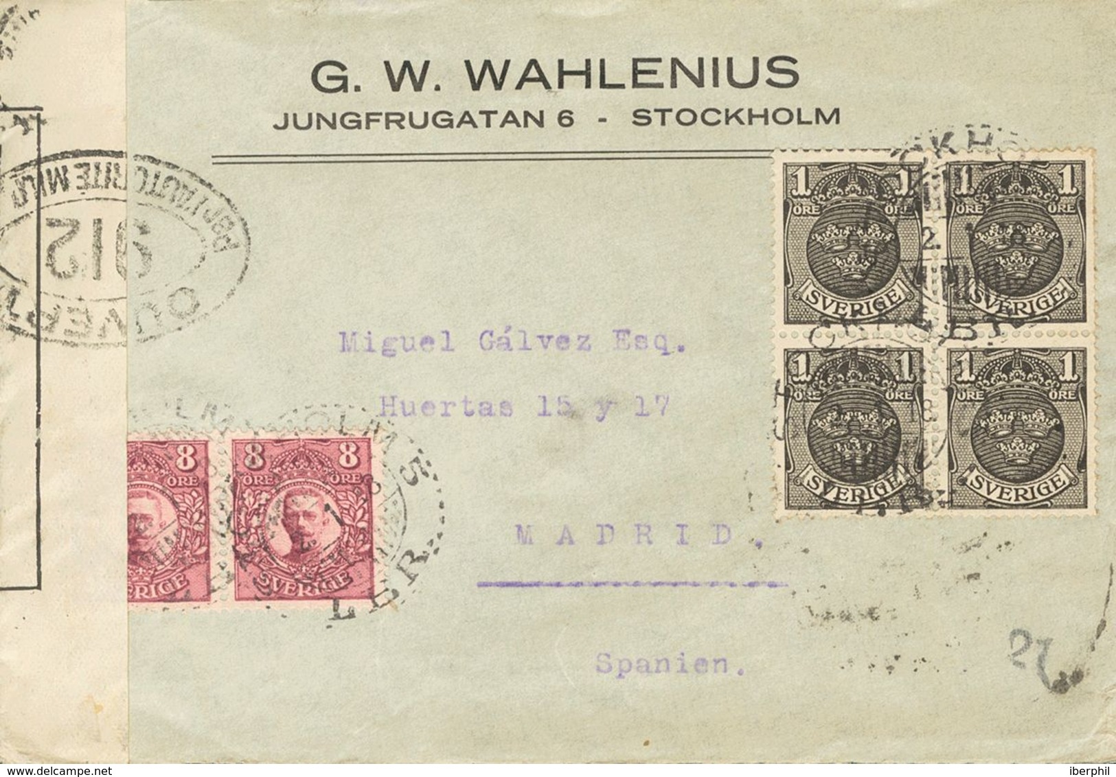 Sweden. COVERYv 55(4), 63(2). 1918. 1 Ore Black, Block Of Four And 8 Ore Lila, Pair. STOCKHOLM To MADRID. On Reverse Arr - Autres & Non Classés