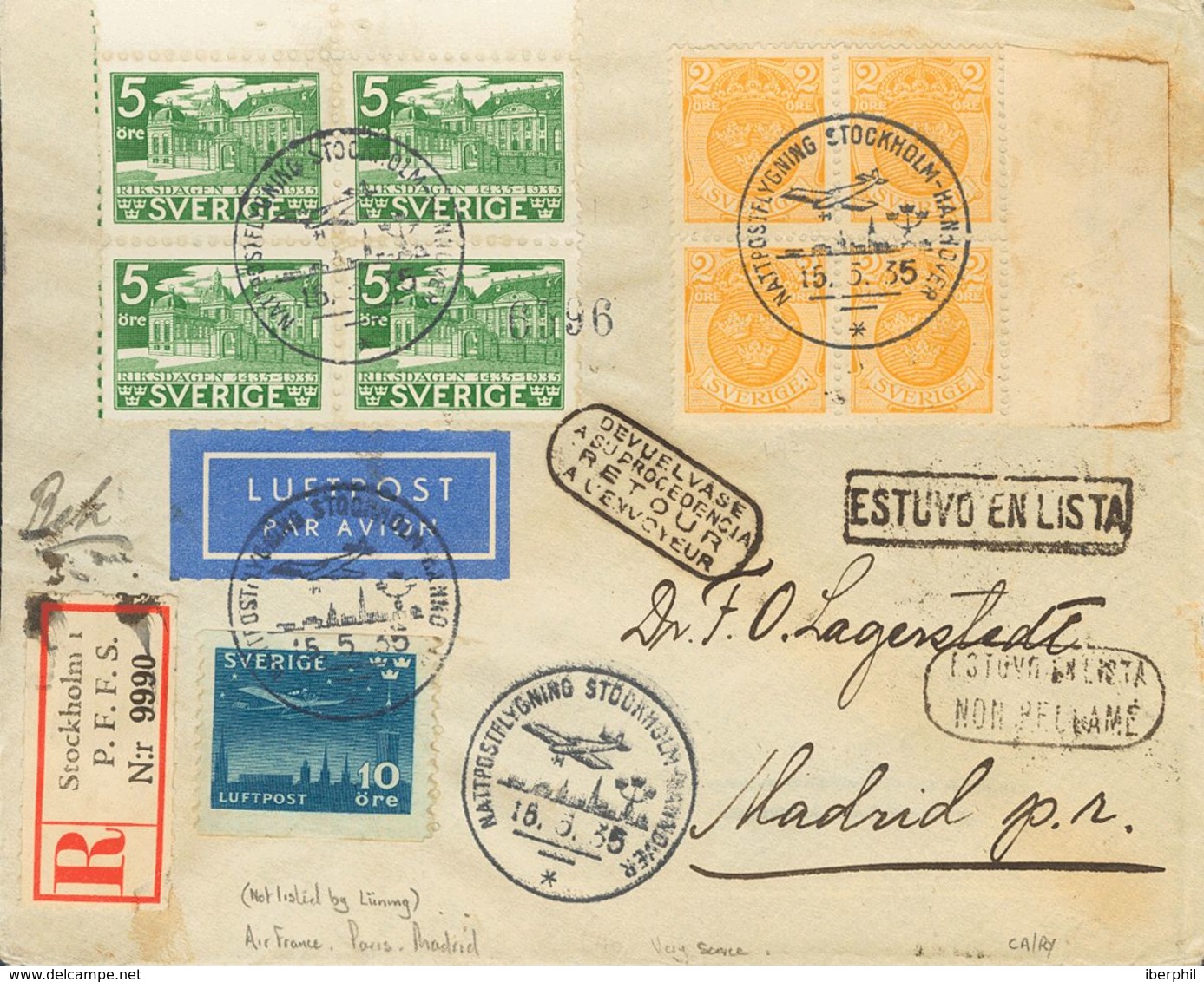 Sweden. COVERYv 229(4), 56(4), Aéreo 4. 1935. 5 Ore Green, Block Of Four, 2 Ore Orange, Block Of Four And Airmail 10 Ore - Sonstige & Ohne Zuordnung