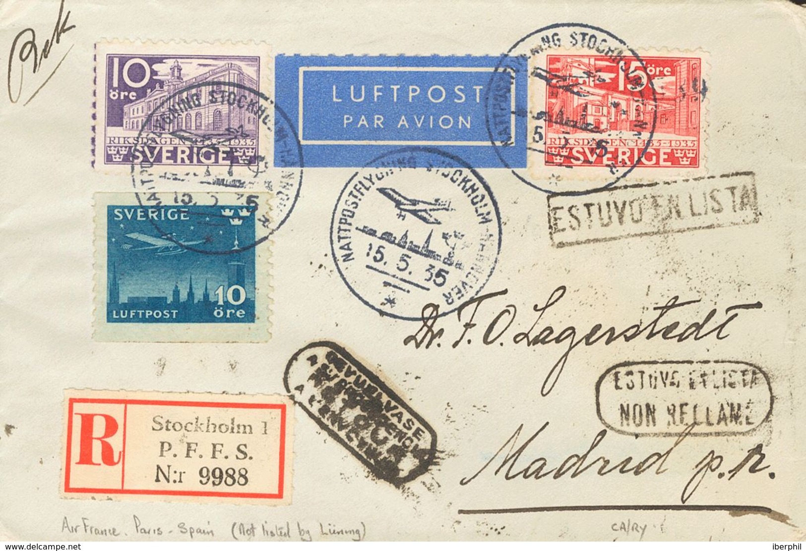 Sweden. COVERYv 230, 231, Aéreo 4. 1935. 10 Ore Violet, 15 Ore Red And 10 Ore Blue. Registered Air Mail  From ESTOCOLMO  - Autres & Non Classés