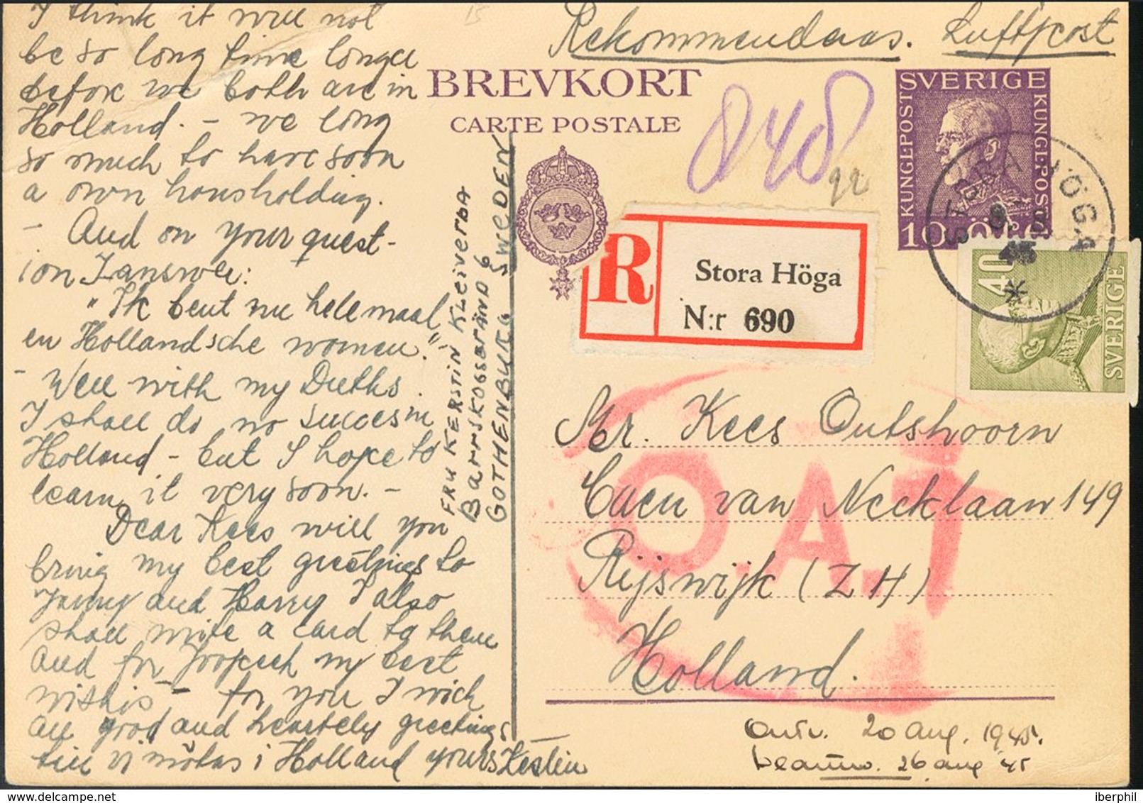 Sweden, Postal Stationery. COVERYv 264. 1945. 10 Ore Violet On Postal Stationery Card Registered From STORA HOGA To RIJS - Autres & Non Classés