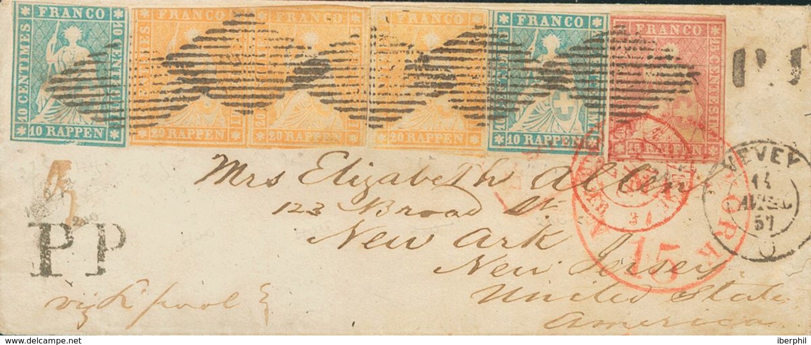 Switzerland. COVERYv 27a(2), 28b, 29a(3). 1857. 10 R Blue (red Thread), Two Stamps, 15 R Pink (green Thread) And 20 R Or - Otros & Sin Clasificación