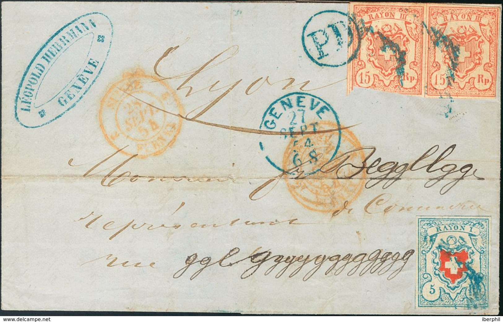 Switzerland. COVERYv 14, 23(2). 1854. 5 R Blue And Red (Rayon I) And 15 R Red (Type II), Pair (one Stamp Short Margin).  - Autres & Non Classés