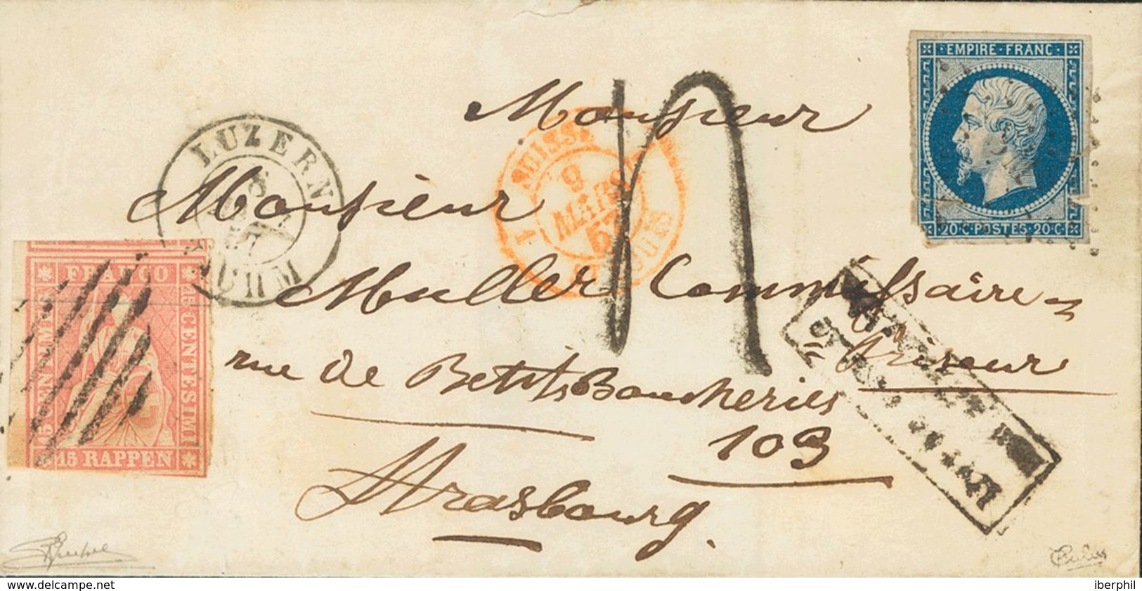 Switzerland. COVERYv 14A, Suiza 28. 1857. 2 Cts (small Defect) And Switzerland 15 Rp Pink. LUZERN (SWITZERLAND) To STRAS - Other & Unclassified