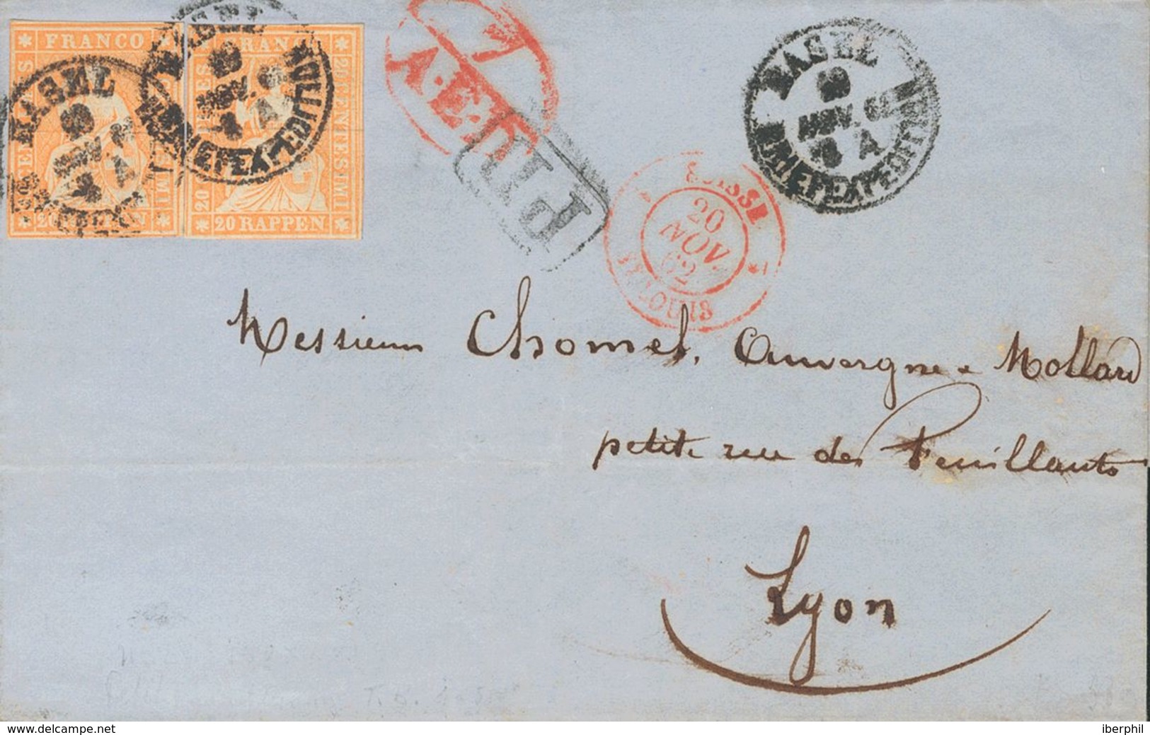 Switzerland. COVERYv 29(2). 1862. 20 R Orange, Two Stamps. BASEL To LYON (FRANCE). Postmark BASEL / BRIEFEXPEDITION. VER - Other & Unclassified
