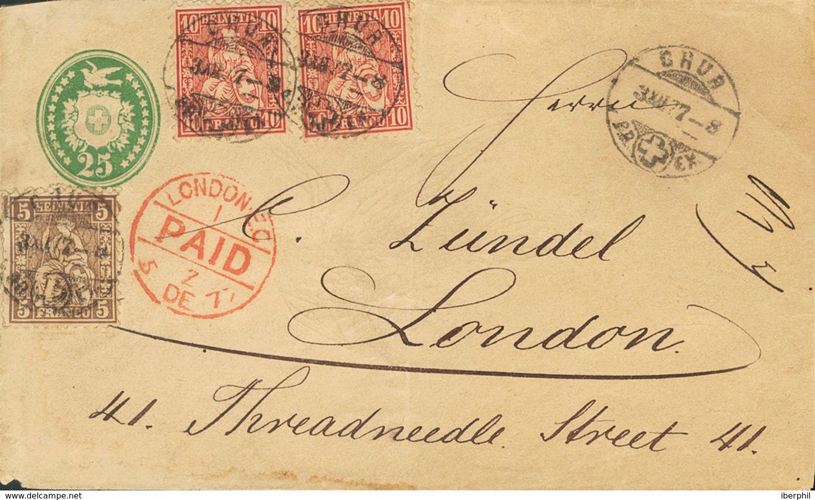 Switzerland. COVERYv 35, 43(2). 1877. 25 Cts Green On Postal Stationery Card From CHUR To LONDON (ENGLAND), With Complem - Autres & Non Classés