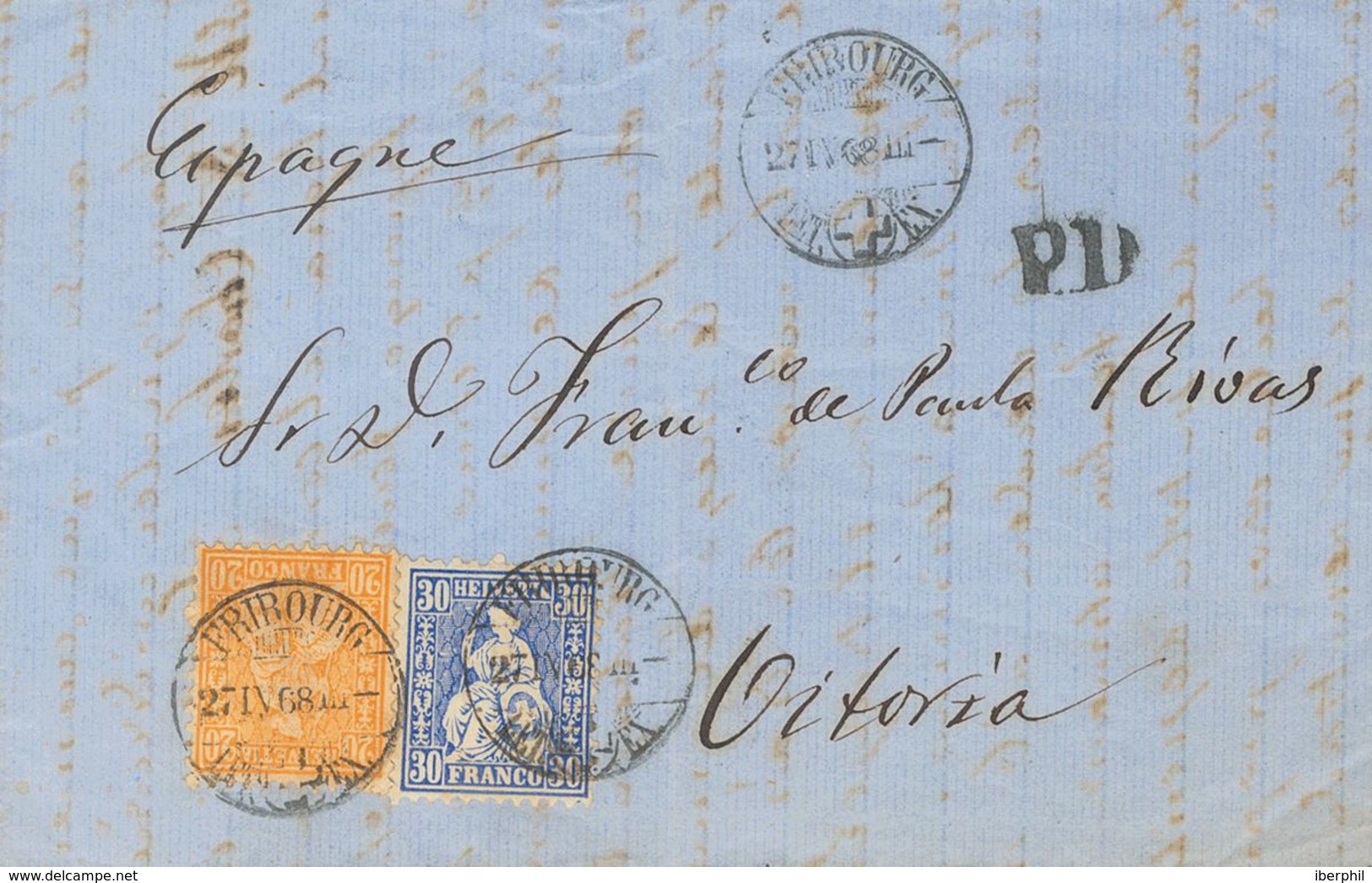 Switzerland. COVERYv 37, 46. 1868. 20 Cts Orange And 30 Cts Ultramarine. FRIBURGO To VITORIA (SPAIN). Date Stamp FRIBOUR - Autres & Non Classés