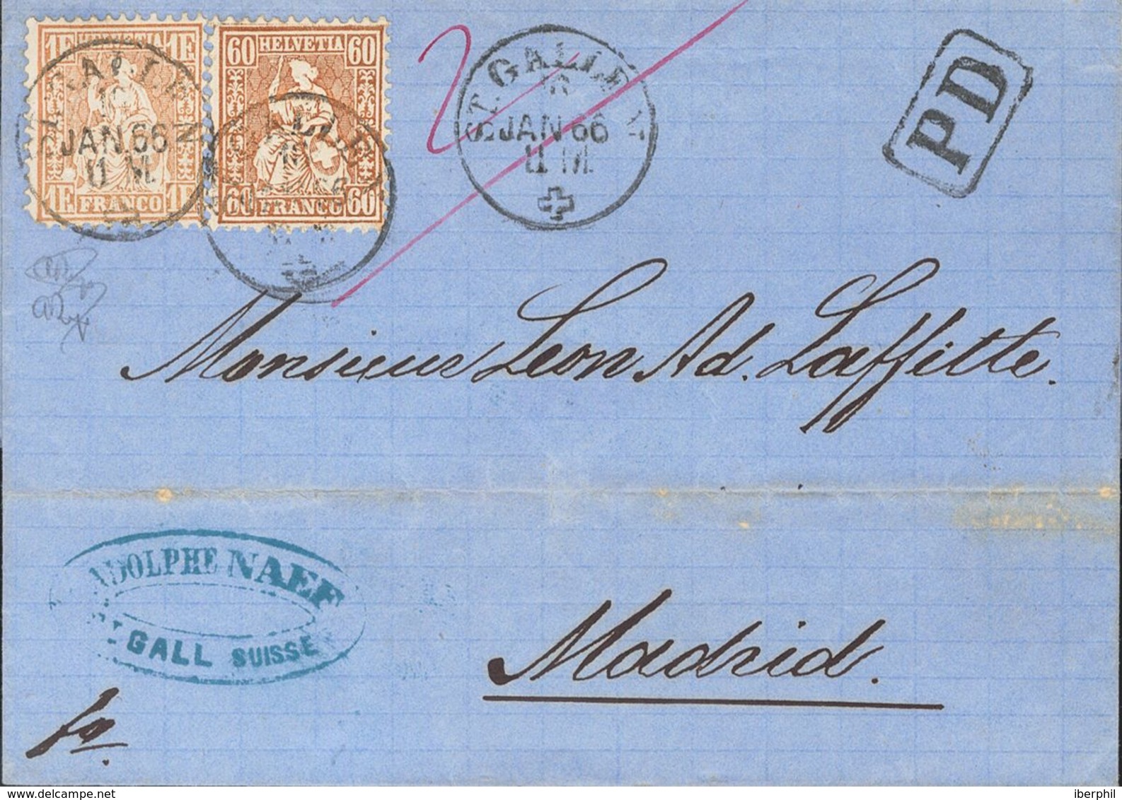 Switzerland. COVERYv 40, 41. 1866. 60 Cts Gold Bronze And 1 F Gold. SAINT GALLEN To MADRID. Postmark ST.GALLEN. VERY FIN - Autres & Non Classés