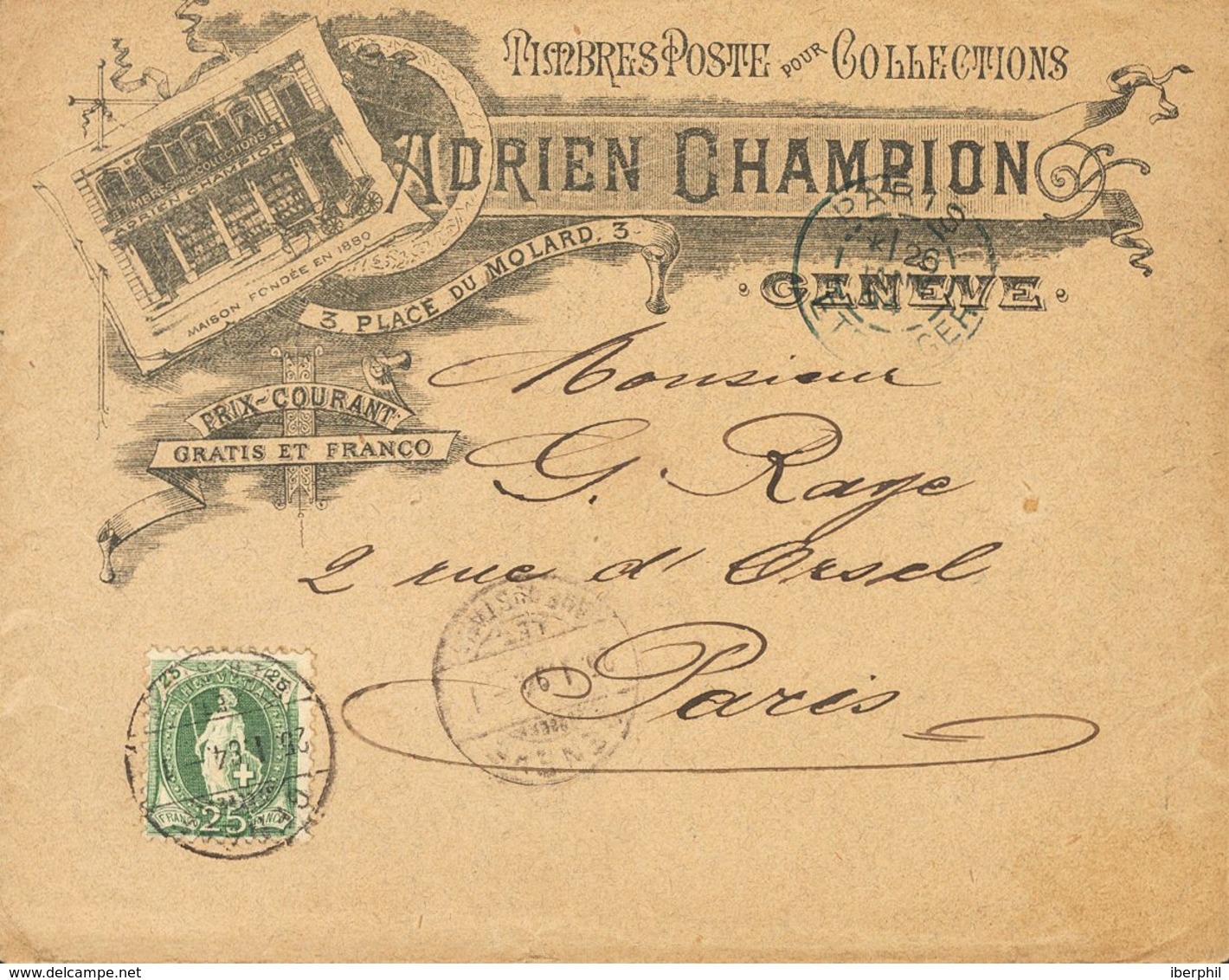 Switzerland. COVERYv 82. 1894. 25 Cts. Green. Cover With Philatelic Letterhead ADRIEN CHAMPION From GENEVA To PARIS (FRA - Autres & Non Classés