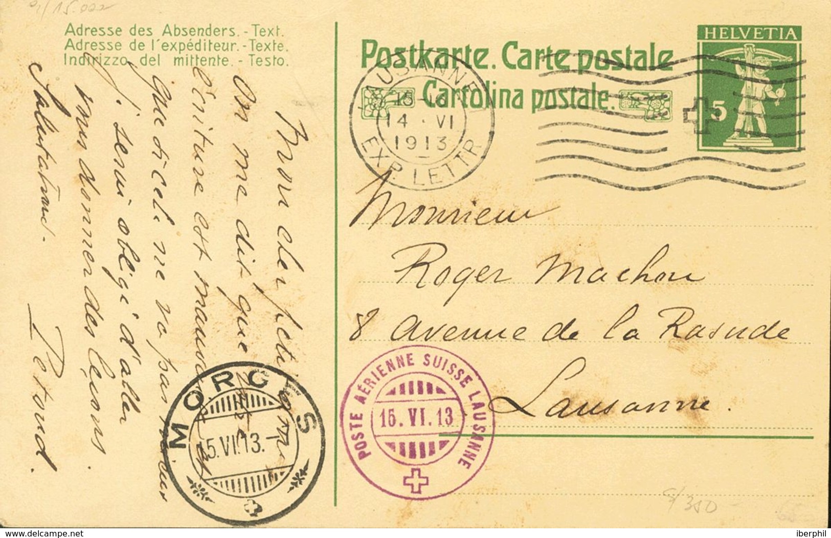 Switzerland, Airmail. COVERYv . 1913. 5 Cts Green On Postal Stationery Card Of The AVIATION MILITAIRE SUISSE Addressed T - Autres & Non Classés