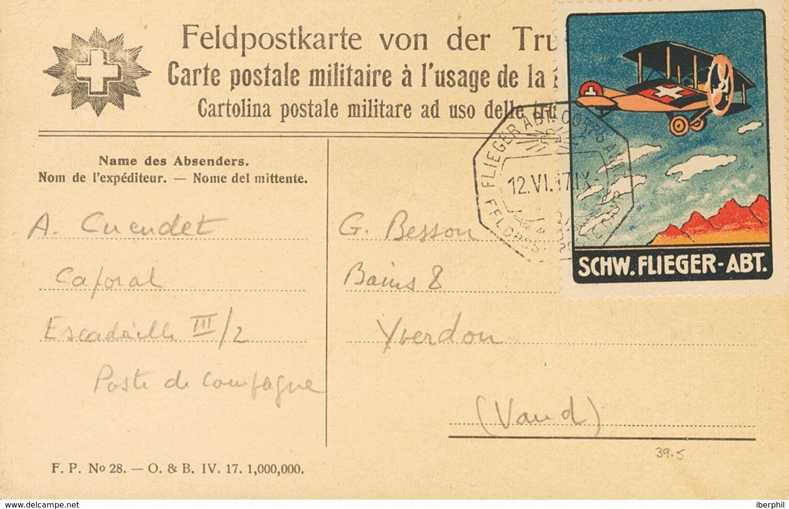 Switzerland, Airmail. COVERYv . 1917. No Value, Multicolored SCHW. FLIEGER-ABT. Campaign Postcard Addressed To YVERDON.  - Autres & Non Classés