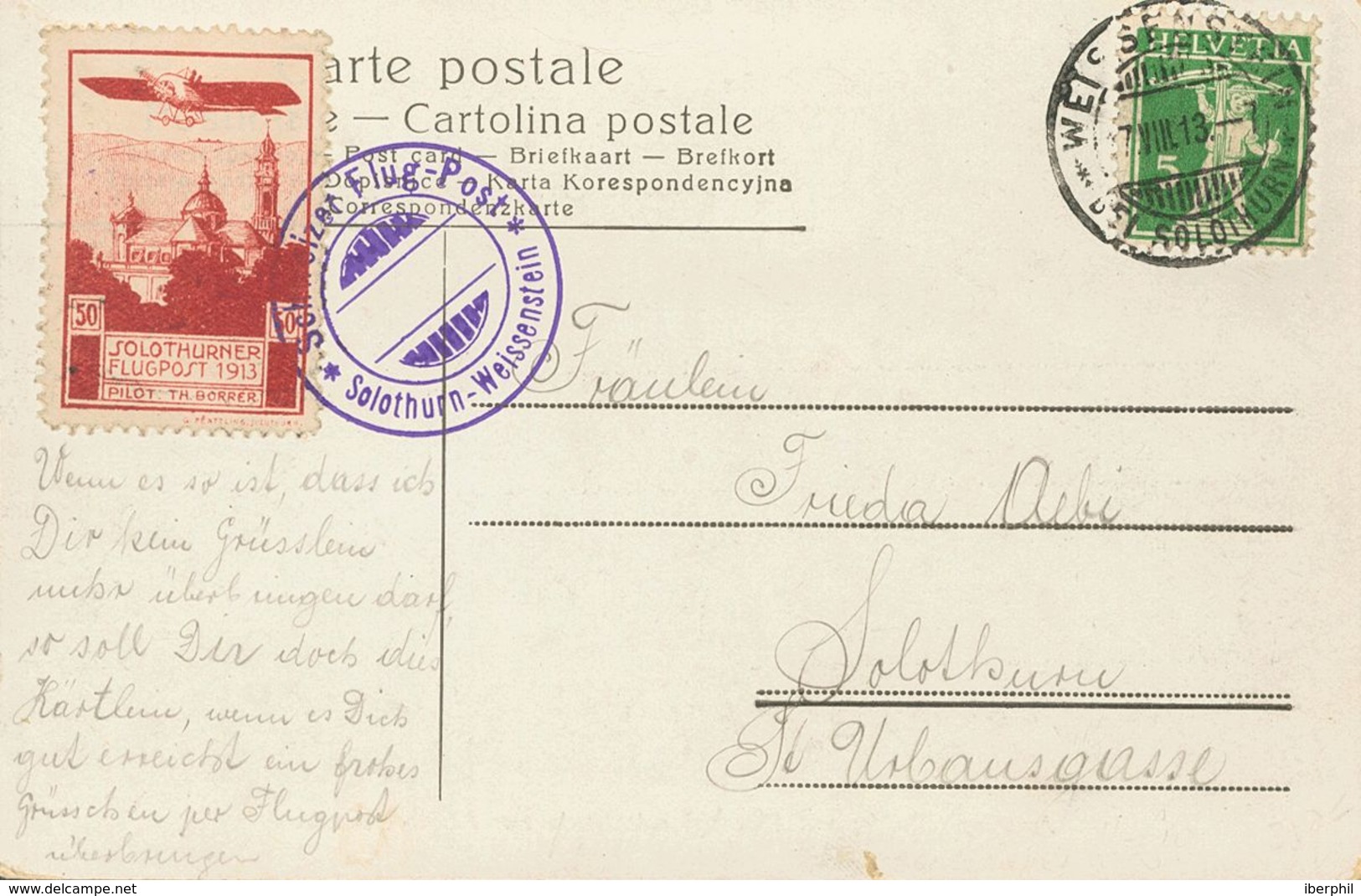 Switzerland, Airmail. COVERYv 130. 1913. 5 Cts Green And Vignette 50 Cts Brown Carmine SOLOTHURNER / FLUGPOST 1913. Post - Autres & Non Classés
