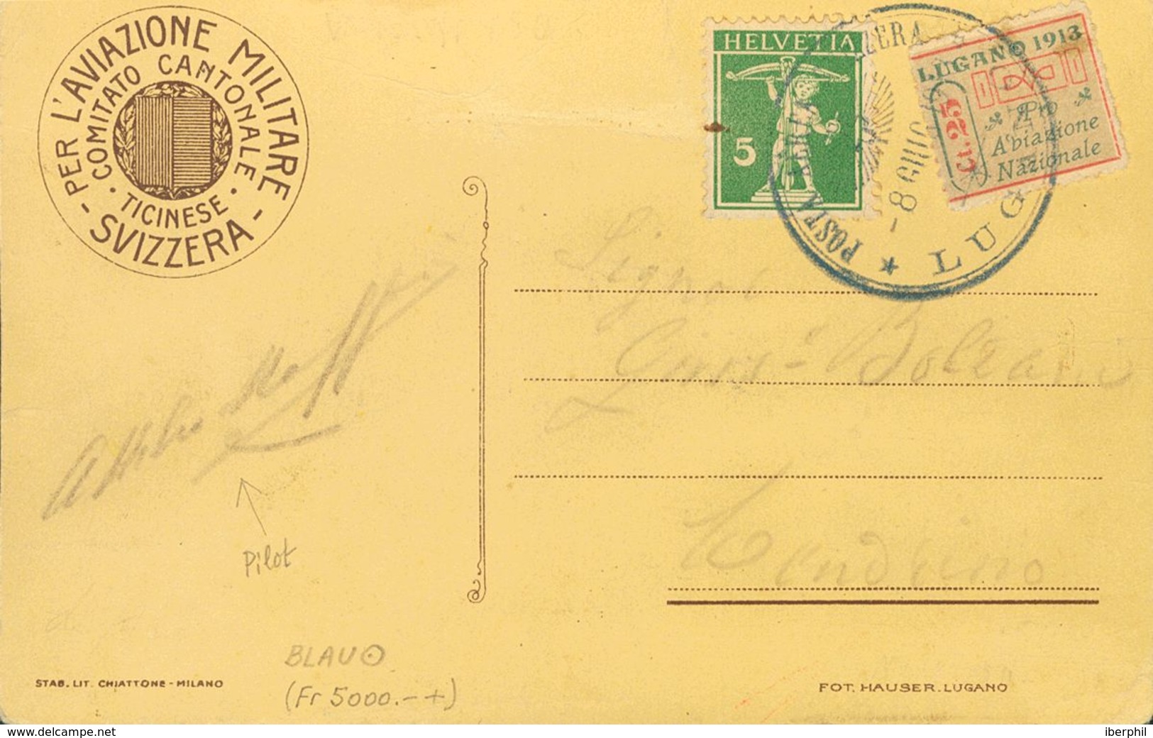 Switzerland, Airmail. COVERYv 130. 1913. 5 Cts Green And Vignette 25 Cts Red And Green LUGANO 1913 / PRO AVIAZIONE NATIO - Other & Unclassified