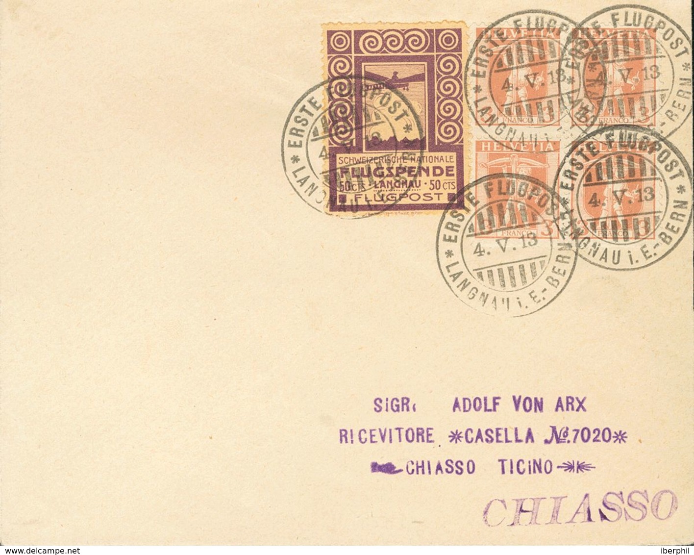 Switzerland, Airmail. COVERYv 114(4). 1913. 3 Cts Brown, Block Of Four And Vignette 50 Cts Violet SCHWEIZERISCHE NATIONA - Autres & Non Classés