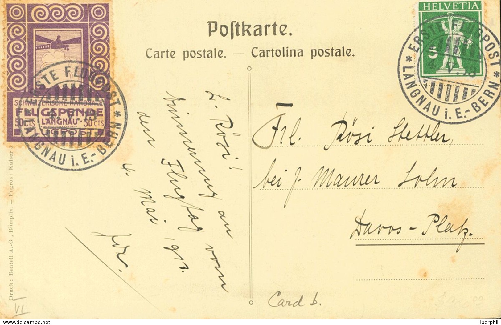 Switzerland, Airmail. COVERYv 130. 1913. 5 Cts Green And Vignette 50 Cts Violet (toned) SCHWEIZERISCHE NATIONALE FLUGSPE - Otros & Sin Clasificación