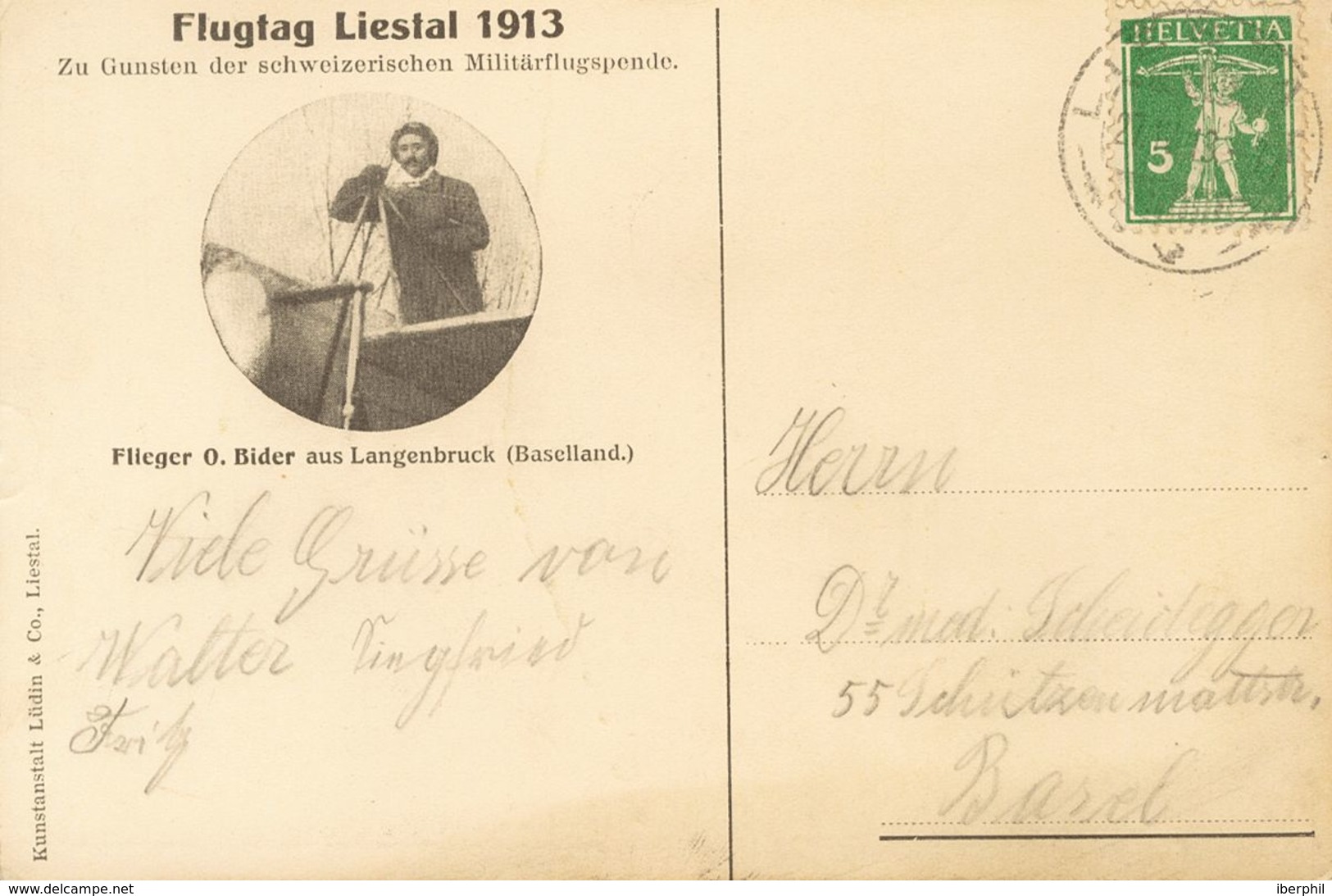 Switzerland, Airmail. COVERYv 130. 1913. 5 Cts Green . Postcard Of The 1st Flight From LIESTAL To BASEL. VERY FINE AND R - Autres & Non Classés