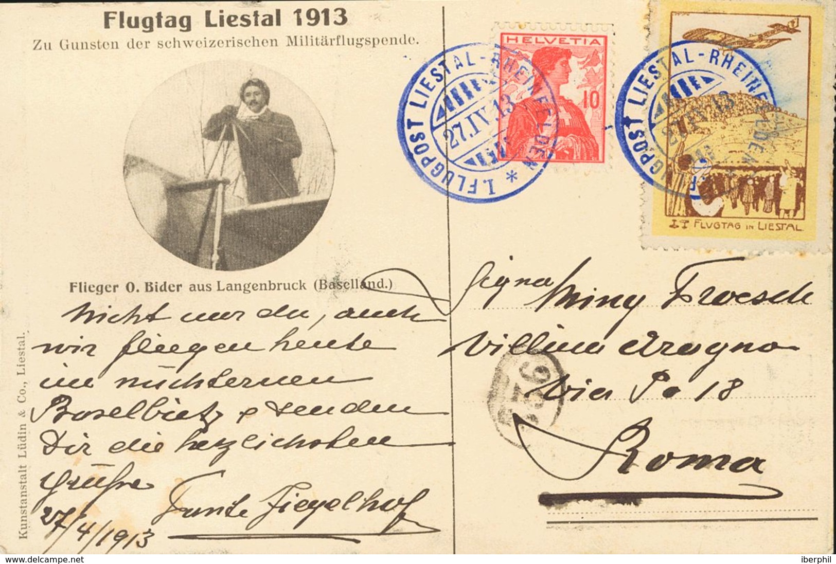 Switzerland, Airmail. COVERYv 131. 1913. 10 Cts Red And Vignette Without Value Chestnut And Yellow   FLUGTAG IN LIESTAL. - Autres & Non Classés