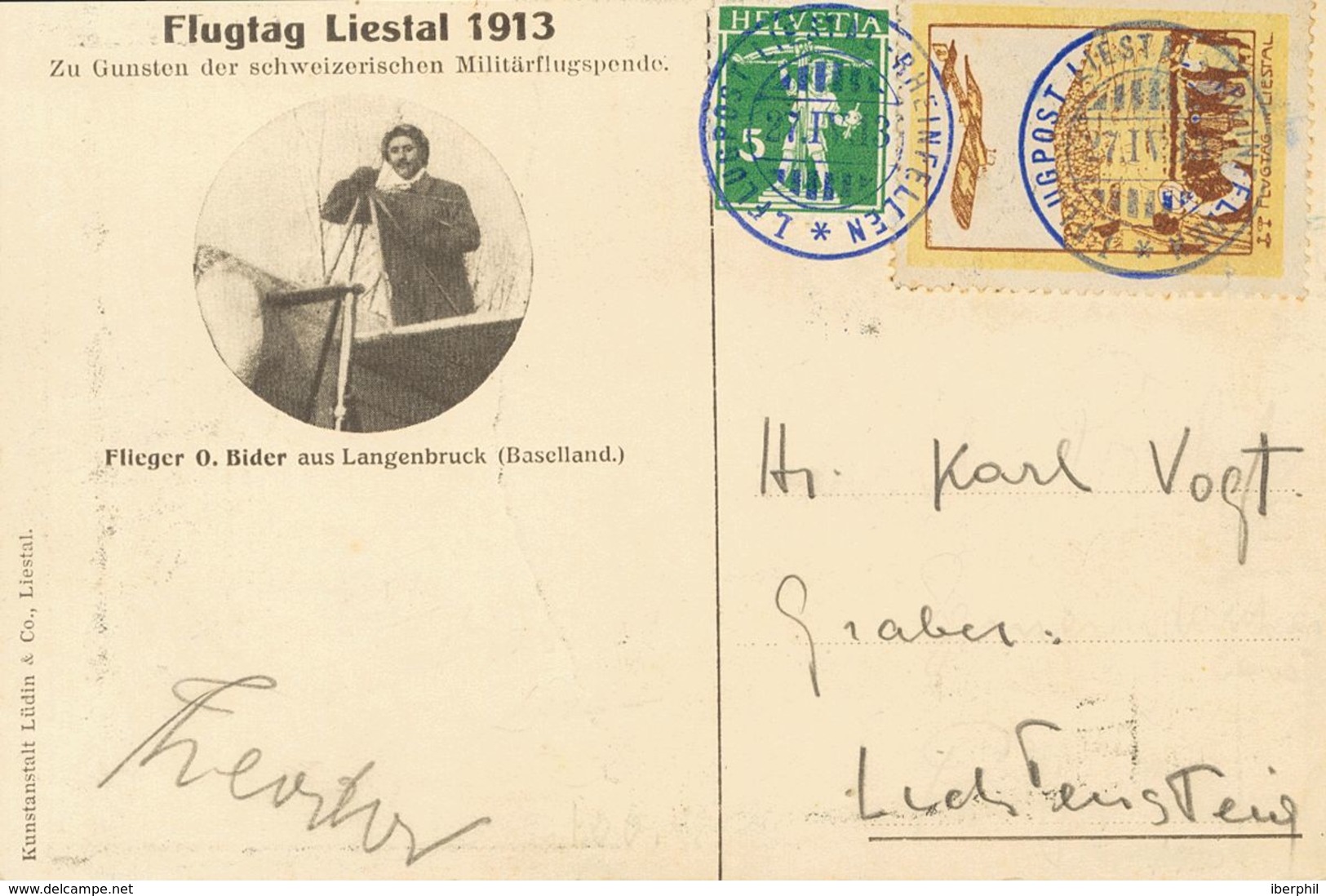 Switzerland, Airmail. COVERYv 130. 1913. 5 Cts Green And Vignette Whitout Value Brown And Yellow FLUGTAG IN LIESTAL. Pos - Otros & Sin Clasificación