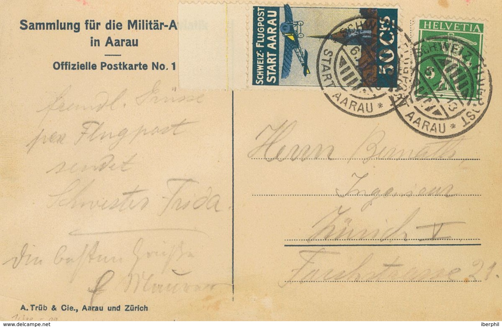 Switzerland, Airmail. COVERYv 130. 1913. 5 Cts Green And Vignette 50 Cts Blue, Brown And Yellow SCHWEIZ FLUGPOST START-A - Otros & Sin Clasificación