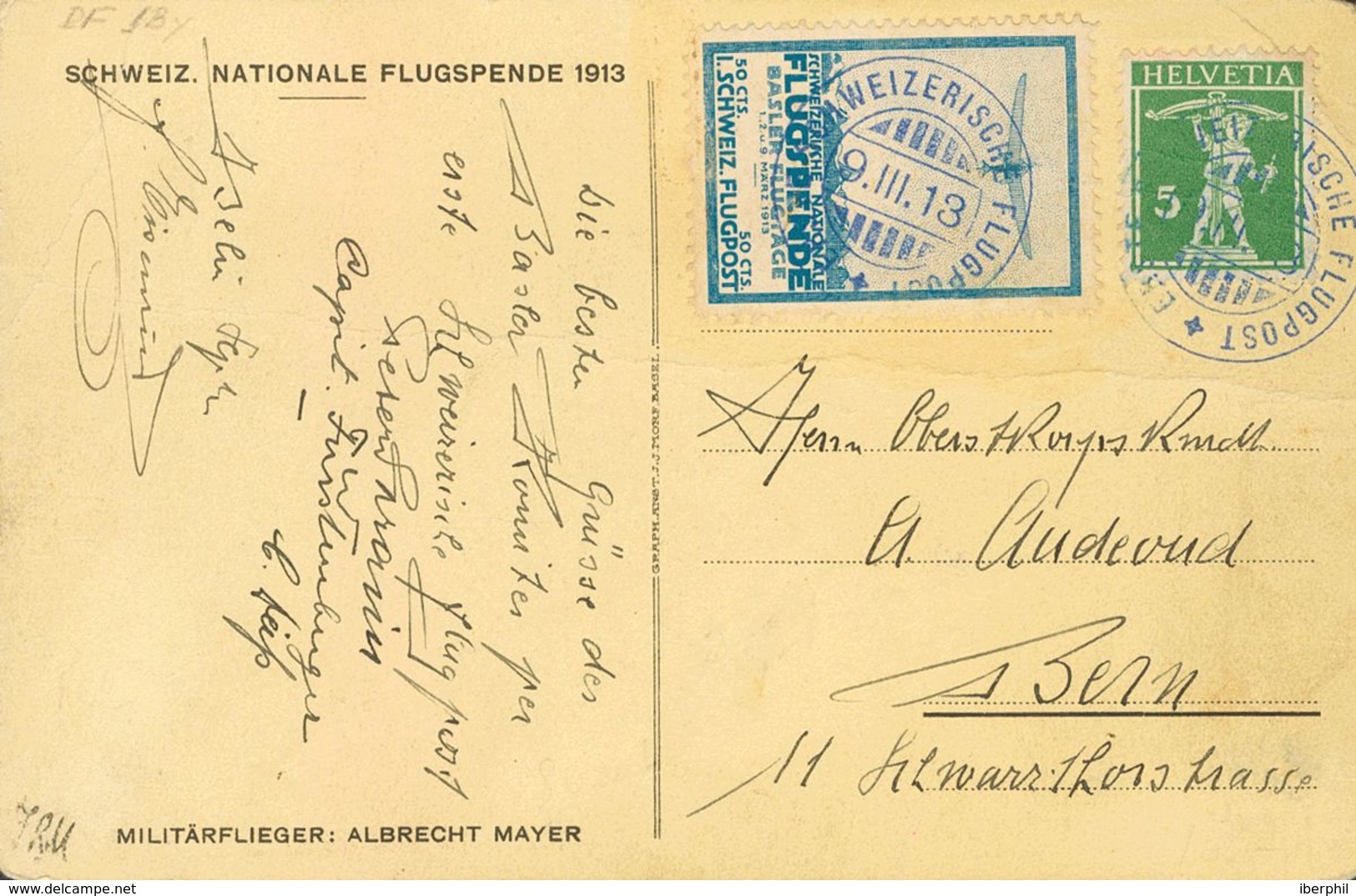 Switzerland, Airmail. COVERYv 130. 1913. 5 Cts Green And Vignette 50 Cts Blue FLUGSPENDE BASLER FLUGTAGE. Postcard Illus - Other & Unclassified