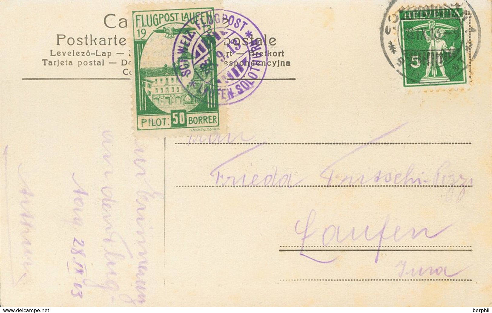 Switzerland. COVERYv 130. 1913. 5 Cts Green And Vignette 50 Cts Green FLUGPOST LAUFEN / PILOT BORRER. Postal Card (Borre - Autres & Non Classés