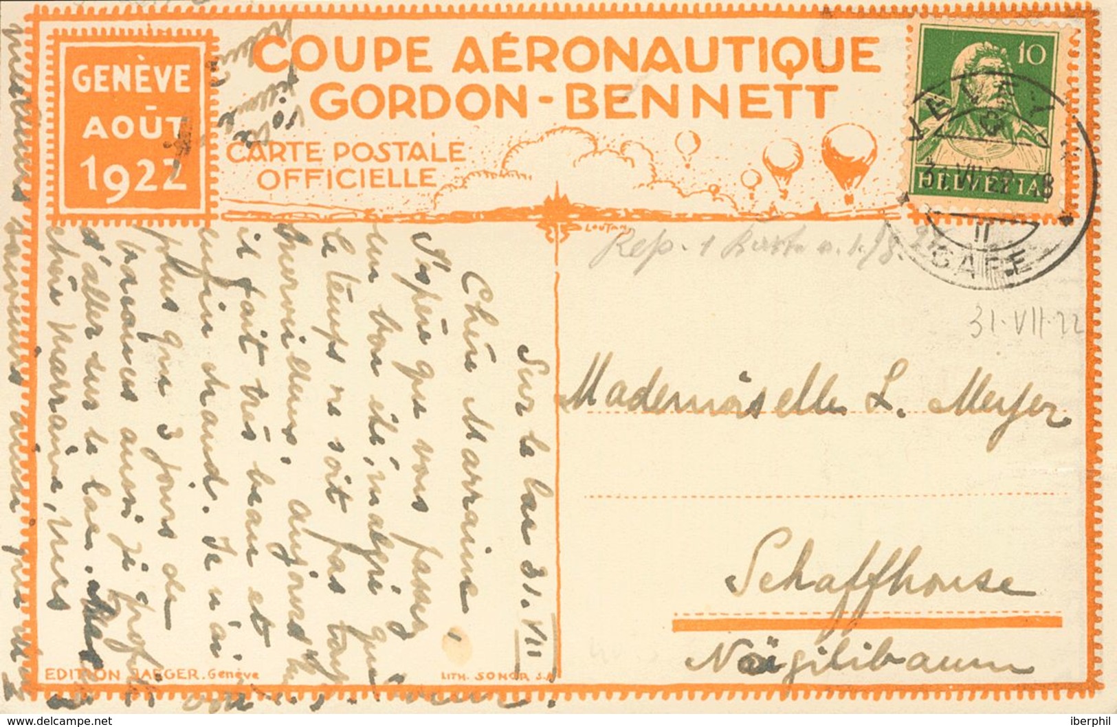 Switzerland. COVERYv 161. 1922. 10 Cts Green. Postcard COUPE AERONAUTIQUE GORDON BENNETT From VEVEY To SCHAFFHAUSEN. VER - Other & Unclassified