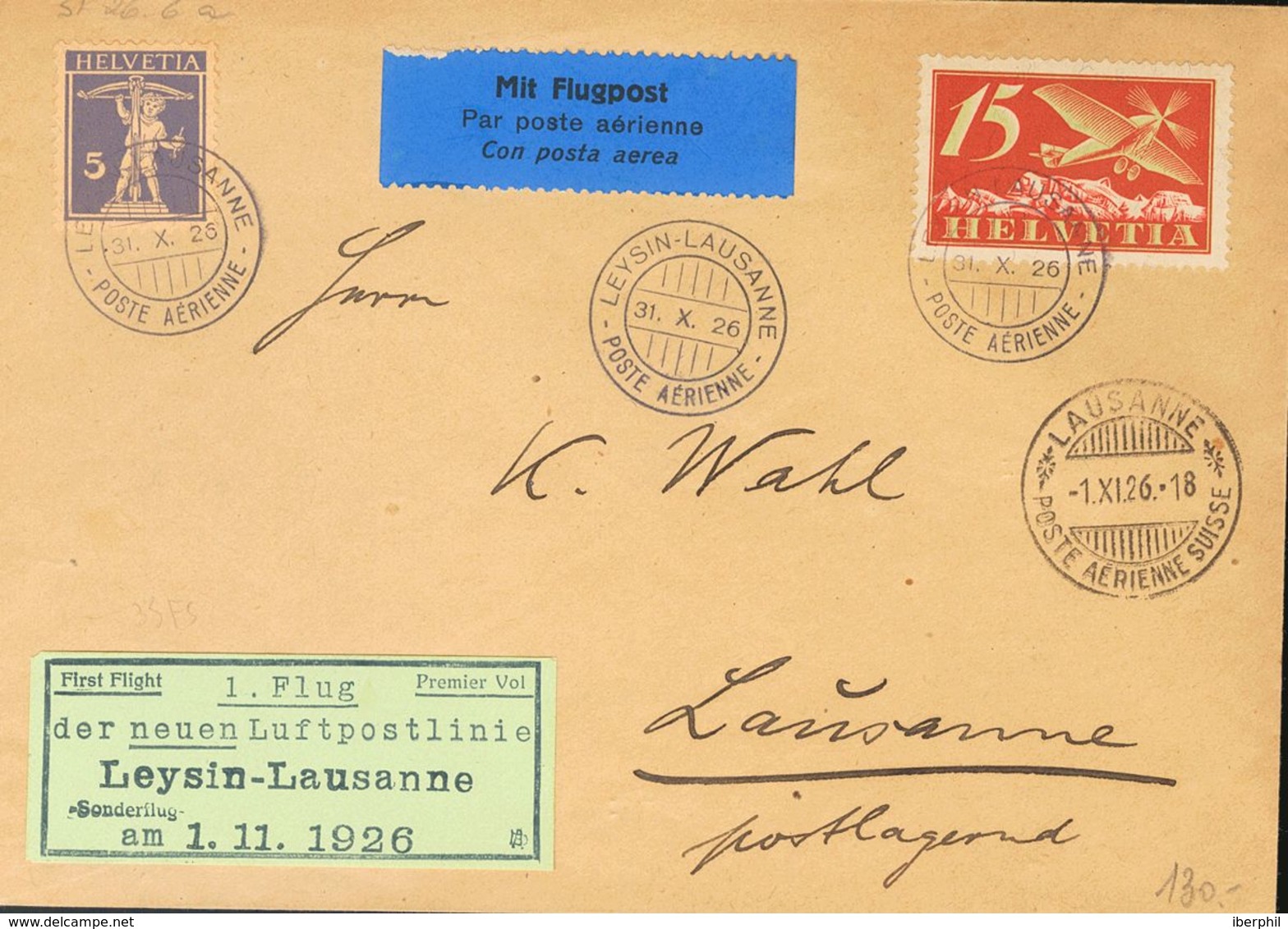 Switzerland, Airmail. COVERYv . 1926. 15 Cts Red, Olive And Carmine And 5 Cts Lilac. Airmail From LEYSIN To LAUSANA. Spe - Otros & Sin Clasificación