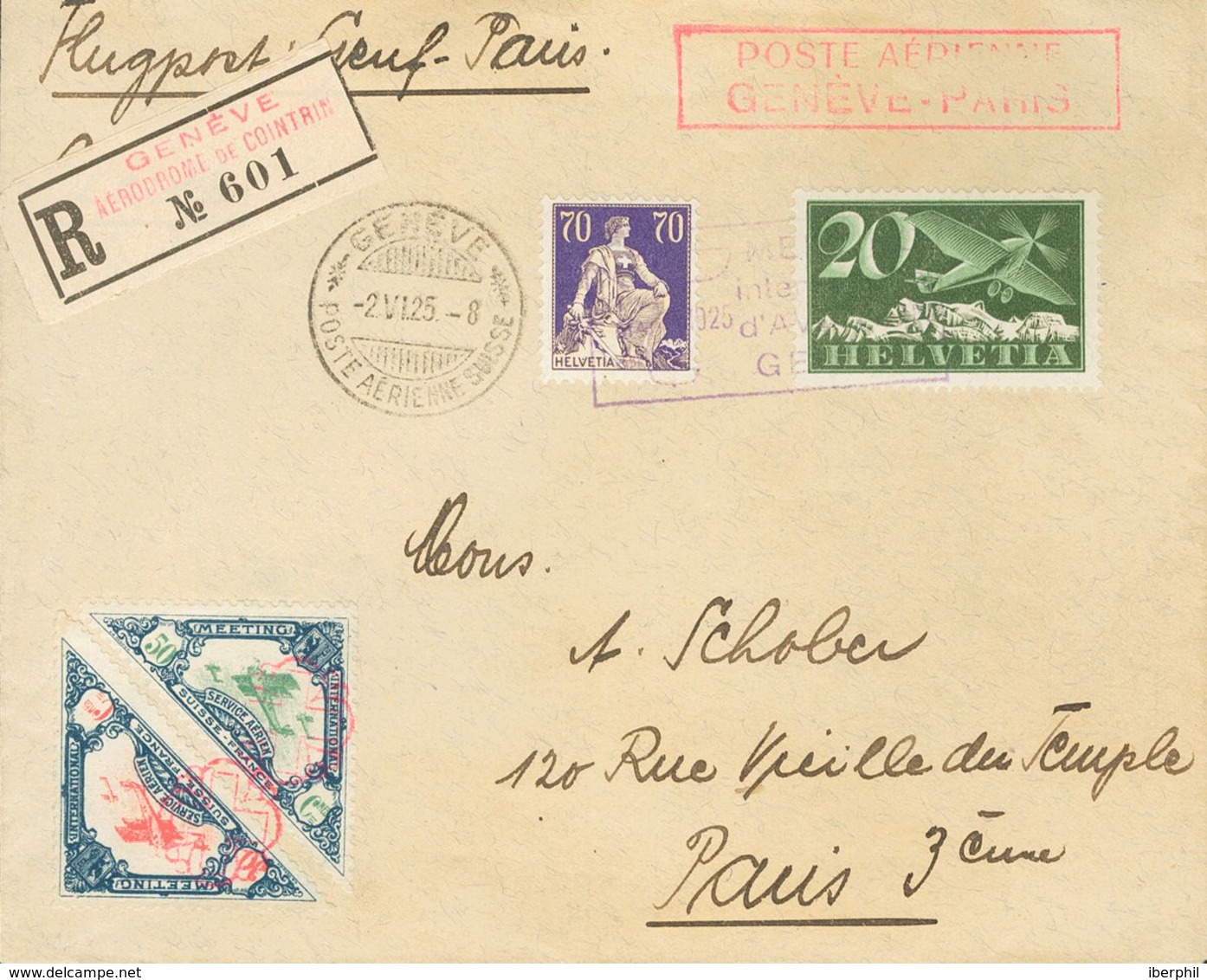 Switzerland, Airmail. COVERYv . 1925. Two Cards With Different Rates And 30 Cts And 50 Cts Labels MEETING INTERNATIONAL  - Autres & Non Classés