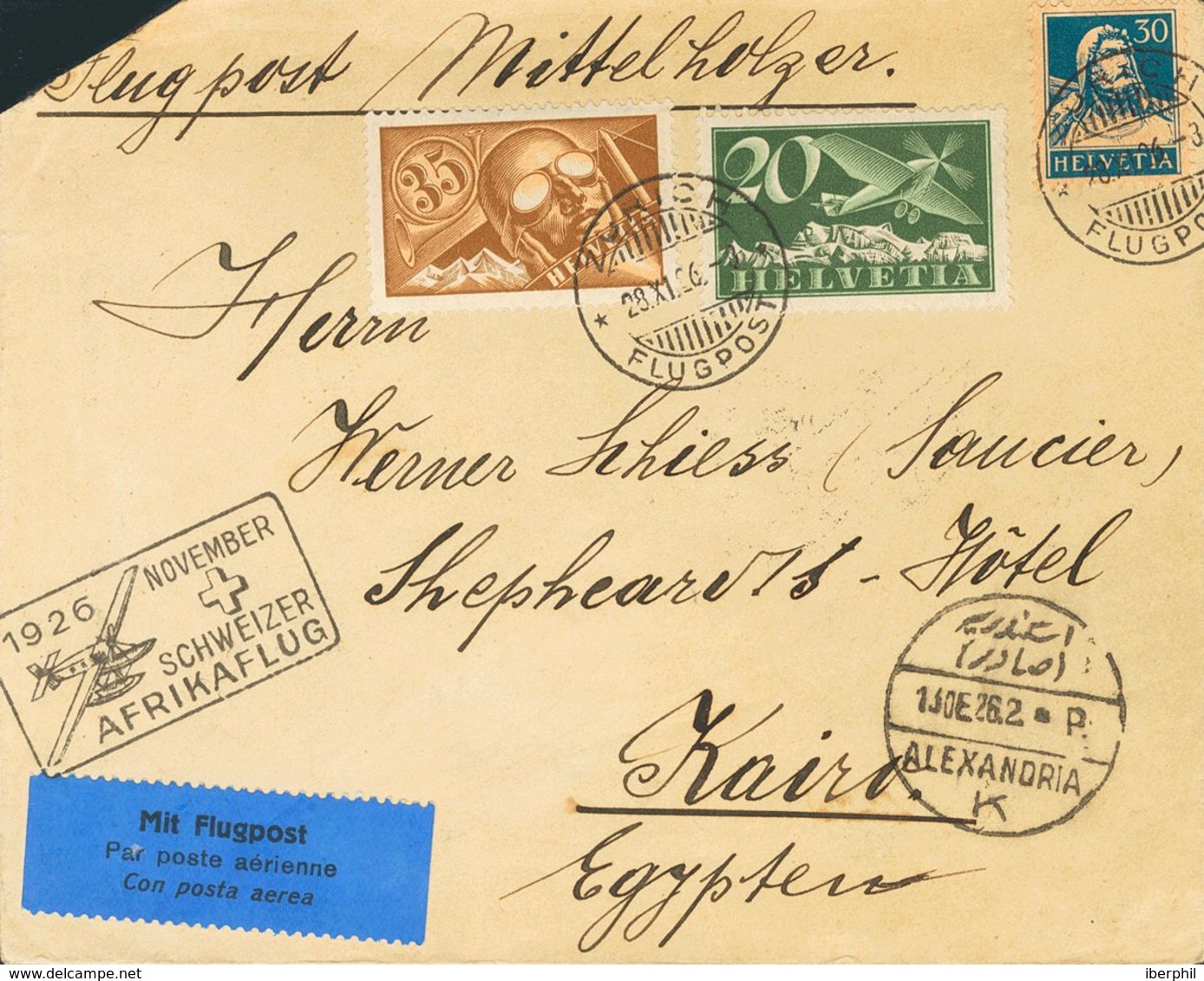 Switzerland, Airmail. COVERYv 4, 6. 1926. 20 Cts Green, 35 Cts Brown And Yellow And 30 Cts Blue. Air Mail From ZURICH To - Other & Unclassified