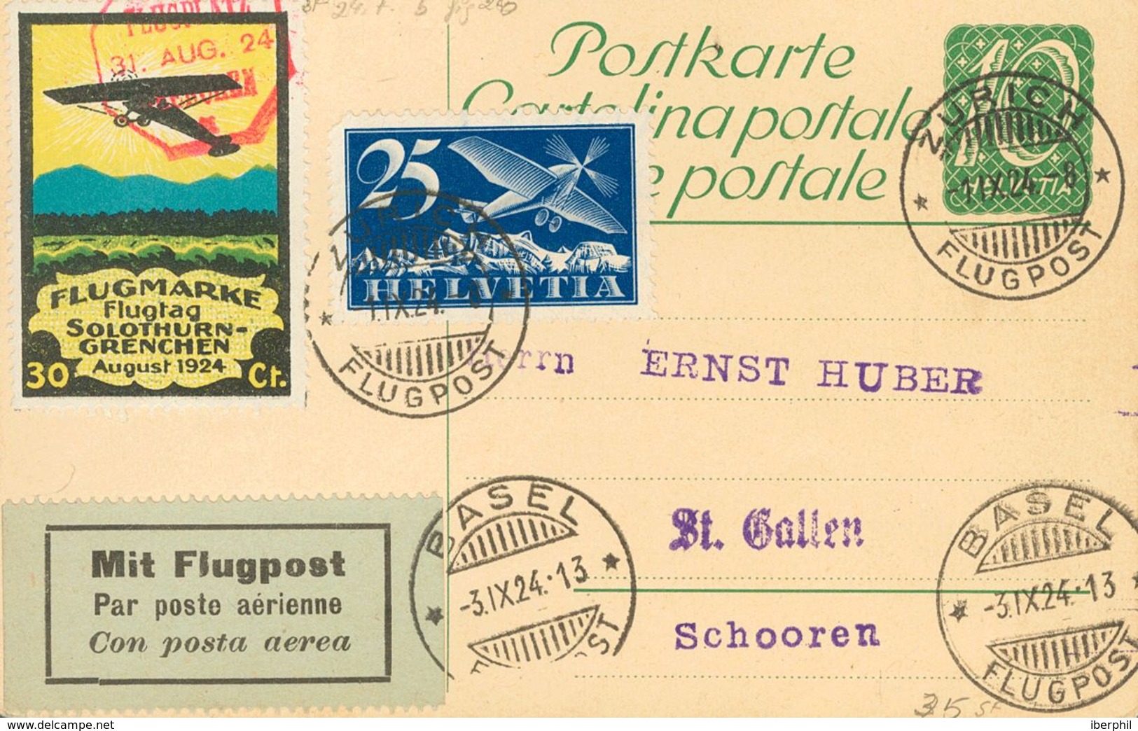 Switzerland, Airmail. COVERYv 5. 1924. Two Cards Rated With 25 Cts Blue (one Postal Stationery Card Of 10 Cts) And Label - Otros & Sin Clasificación