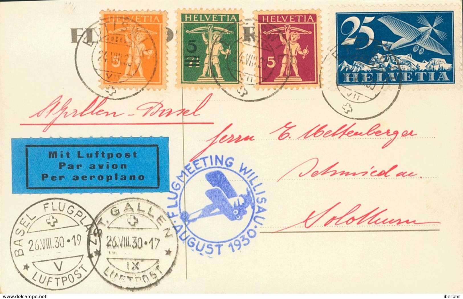 Switzerland, Airmail. COVERYv 5. 1930. 25 Blue Cts And Different Values. Postcard From ETTISWILL To SOLOTHURN. On The Fr - Otros & Sin Clasificación