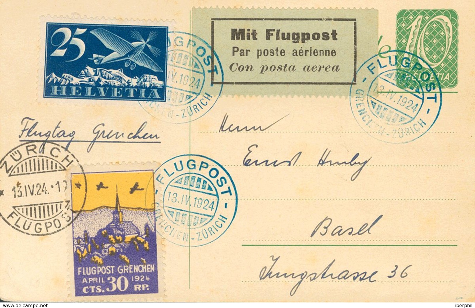 Switzerland, Airmail. COVERYv 5. 1924. 10 Cts Green On A Postal Stationery Card Addressed To BASILEA, With Complementary - Otros & Sin Clasificación