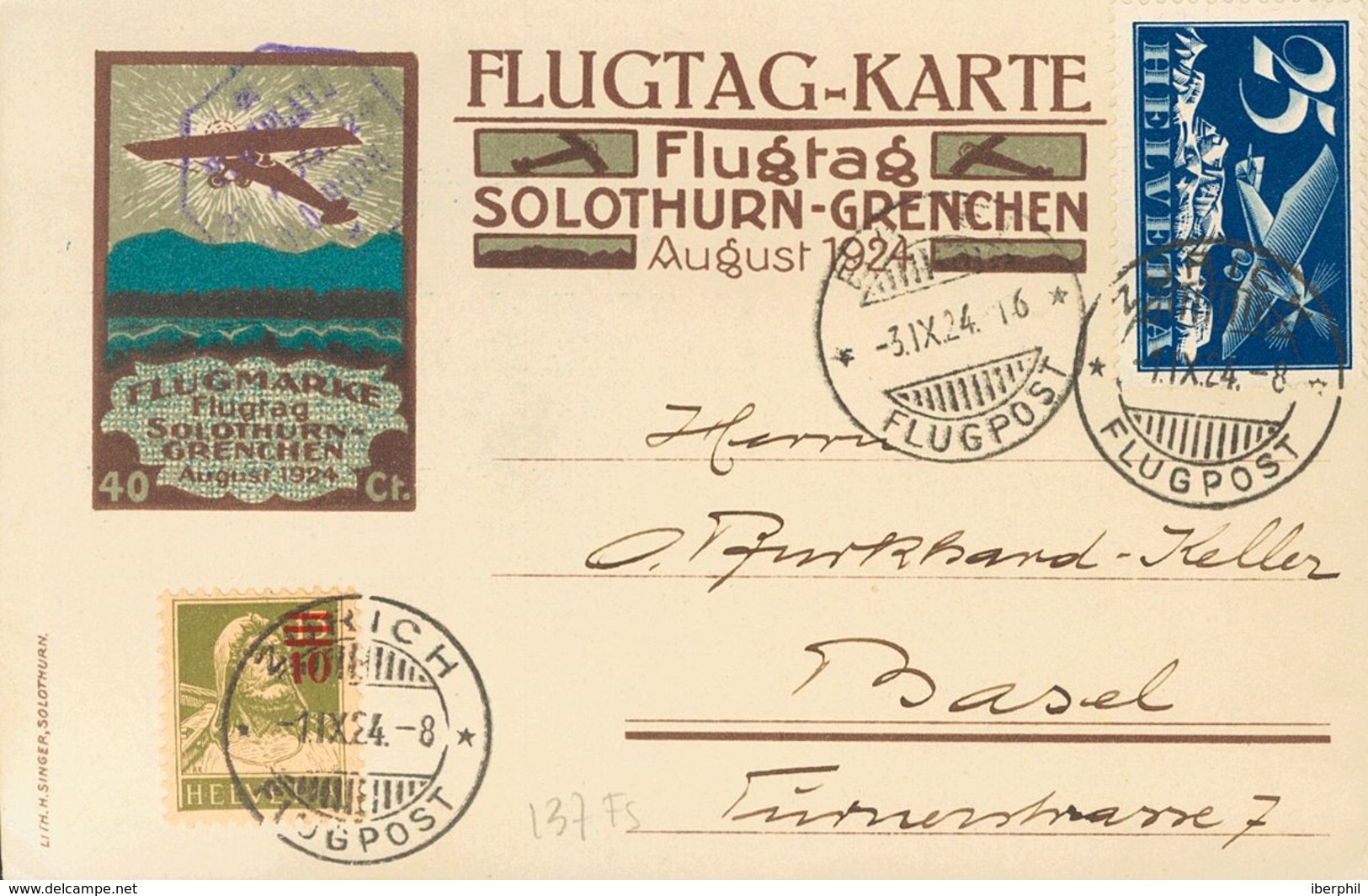Switzerland. COVERYv 5. 1924. Two Postcards FLUGTAG SOLOTHURN-GRENCHEN With Printed Vignette Of 40 Cts Brown And Blue An - Other & Unclassified