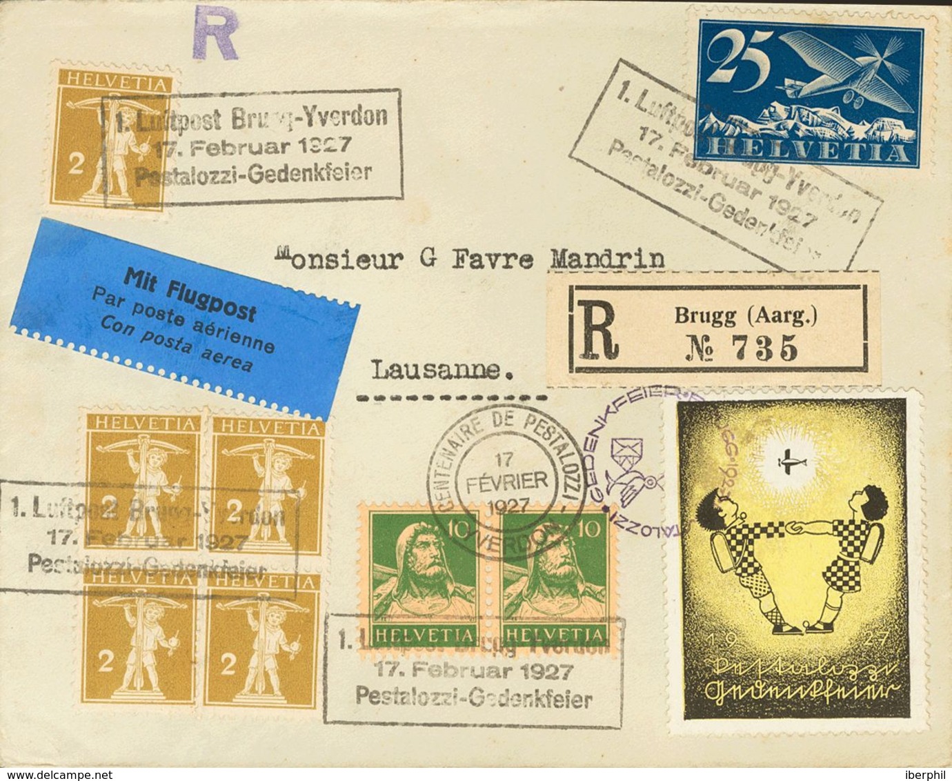 Switzerland, Airmail. COVERYv . 1927. Set Of Two Cards And One Registered Letter With Different Frankings And Vignette W - Otros & Sin Clasificación