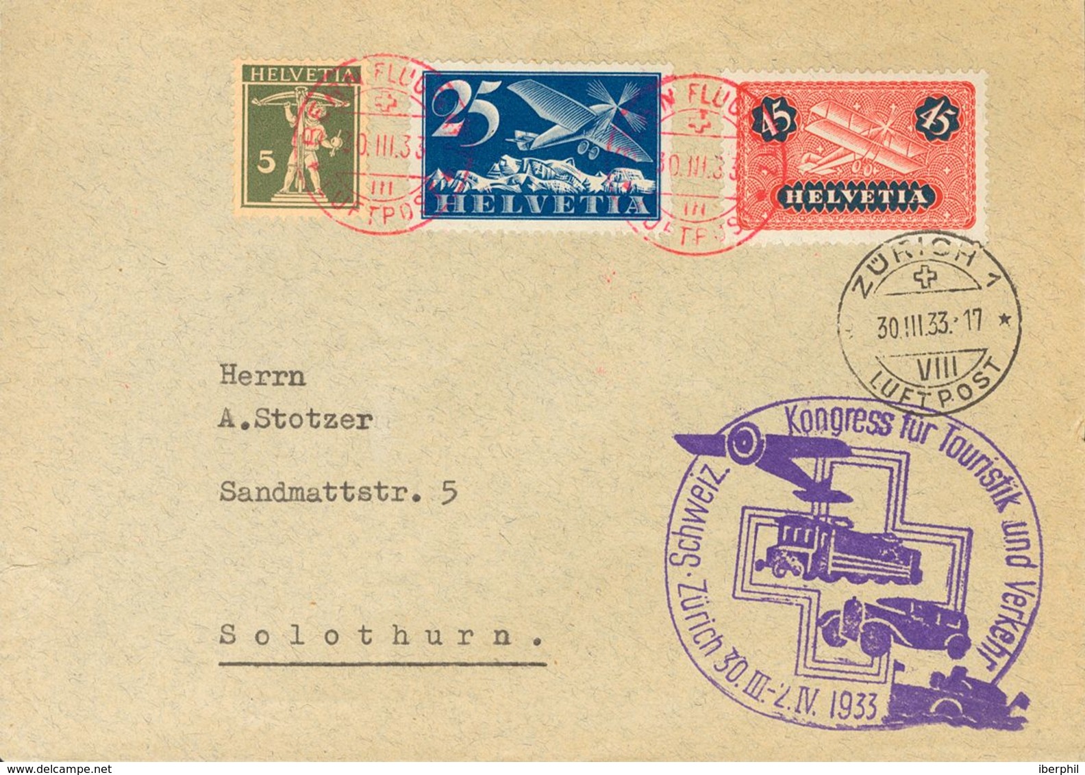 Switzerland, Airmail. COVERYv 5, 8. 1933. 25 Cts Blue, 45 Cts Red And Blue And 5 Cts Olive Green. ZURICH To SOLOTHURN. P - Altri & Non Classificati