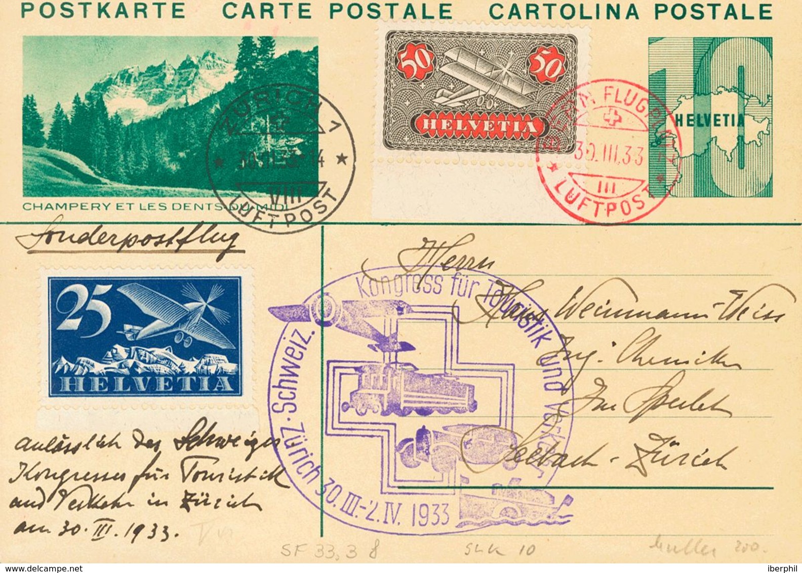 Switzerland, Airmail. COVERYv 5, 9. 1933. 10 Cts Green On Postal Stationery Card From BERNA To ZURICH, With Complementar - Autres & Non Classés