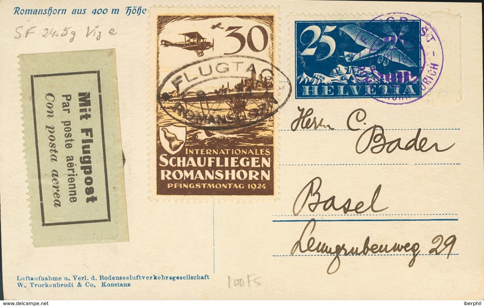 Switzerland, Airmail. COVERYv . 1924. Three Postcards (one Postal Stationery Card Of 10 Cts Green) With Different Rates  - Otros & Sin Clasificación
