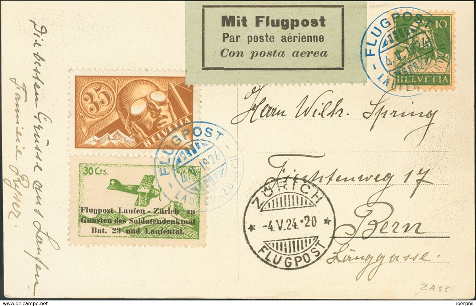 Switzerland, Airmail. COVERYv 6. 1924. 35 Cts Brown And Yellow, 10 Cts Green And Vignette Of 30 Cts Green FLUGPOST LAUFE - Otros & Sin Clasificación