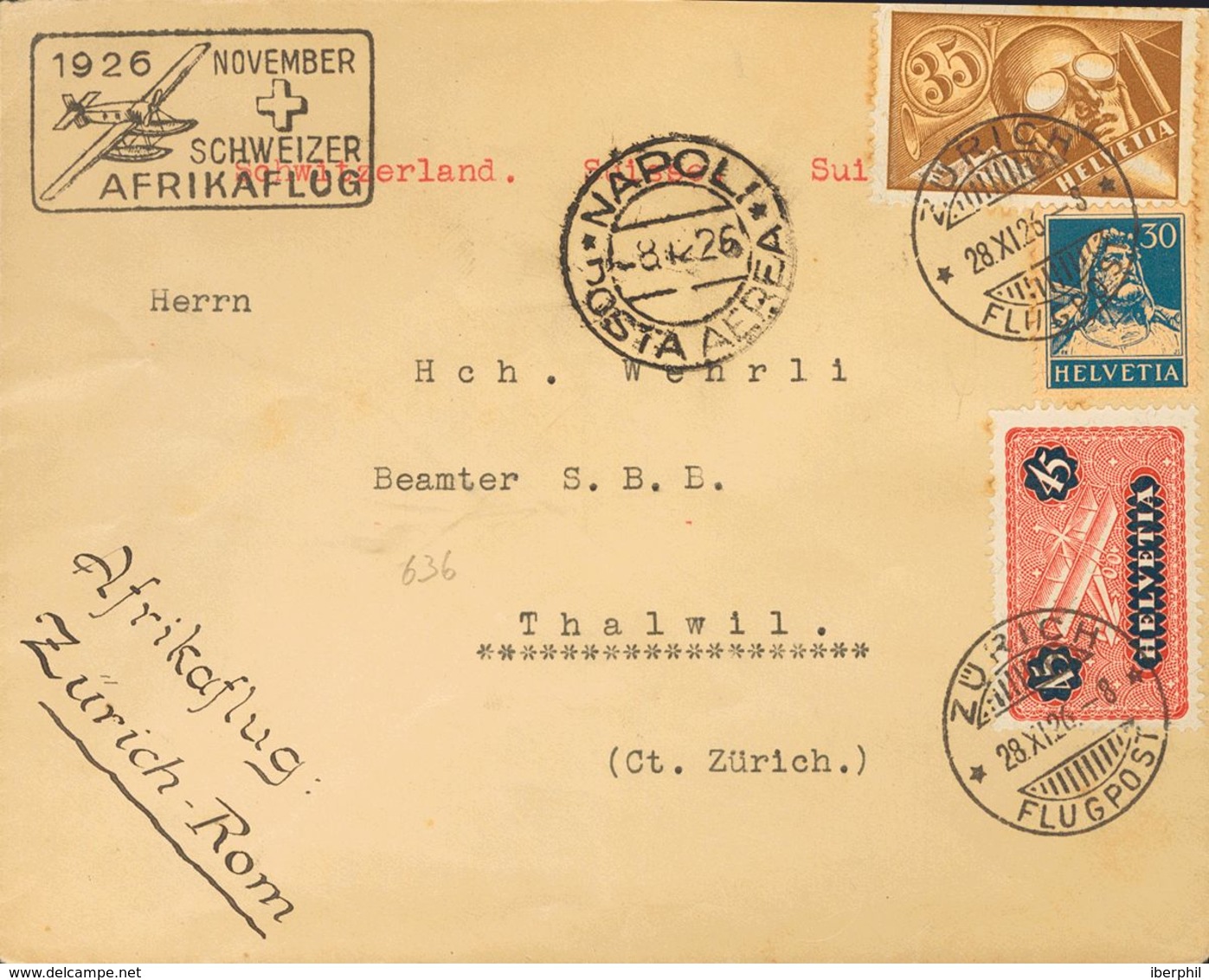 Switzerland, Airmail. COVERYv 6, 8. 1926. 35 Cts Brown And Yellow, 45 Cts Pink And Blue And 30 Cts Blue (perforation Ton - Otros & Sin Clasificación